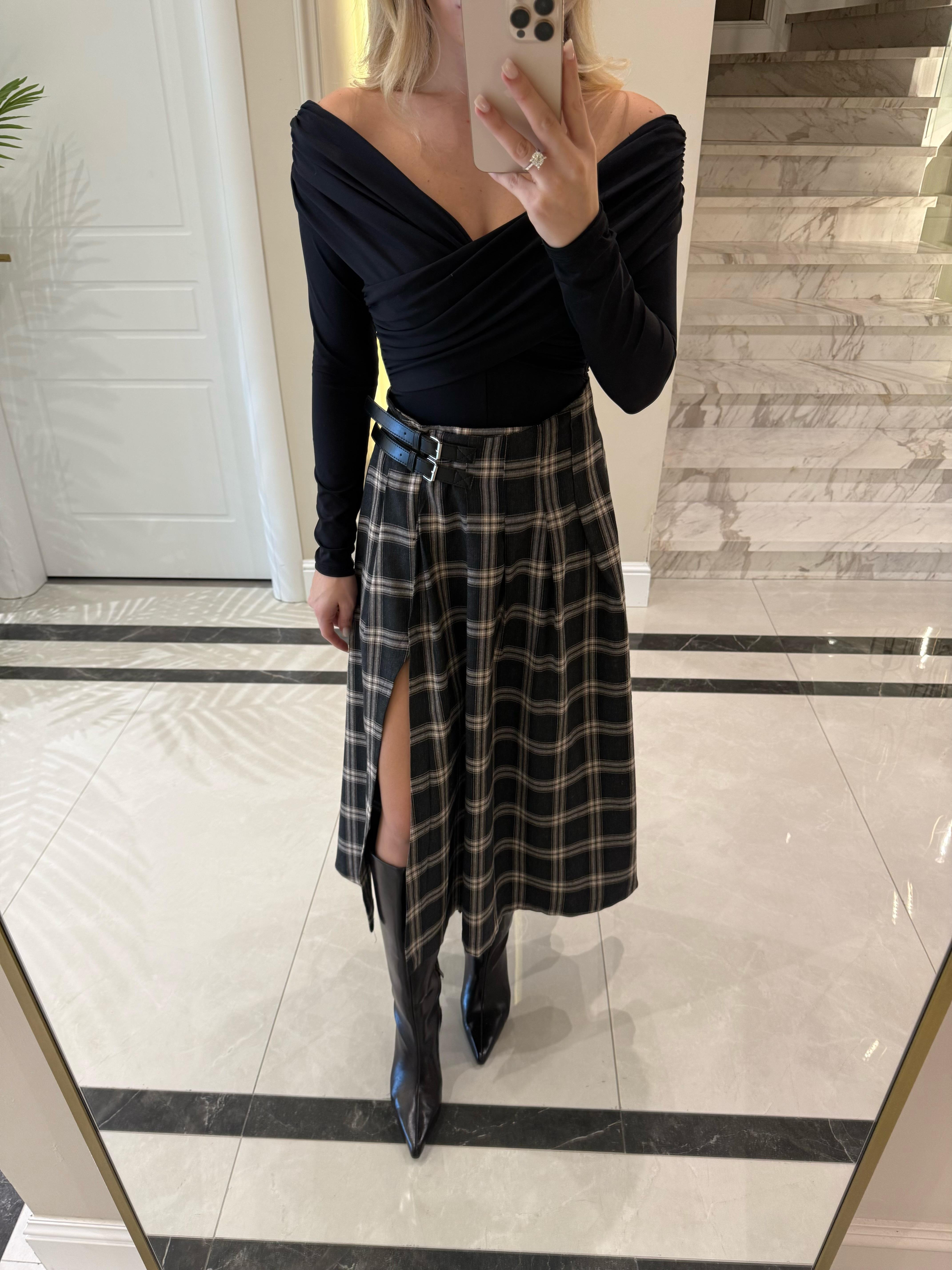 Antrasit Kemer Detaylı Ekose Desenli Etek 