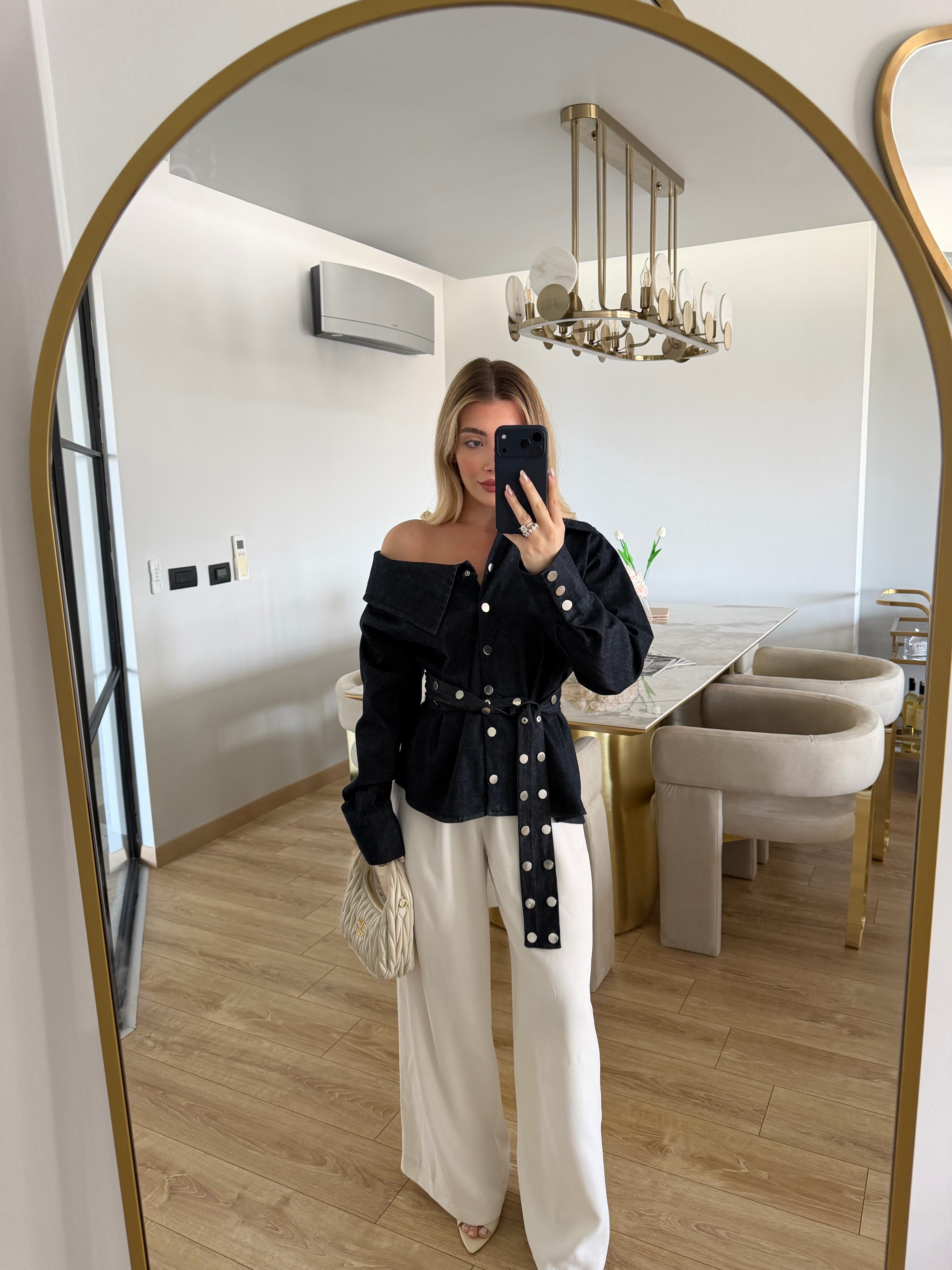 Lacivert Asimetrik Yaka Denim Gömlek-3174