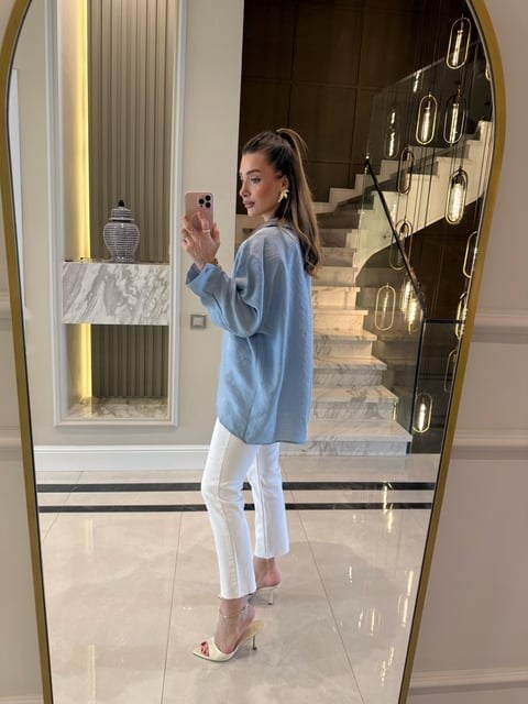 Bebe Mavi Düşük Omuzlu Oversize Tensel Gömlek-4612