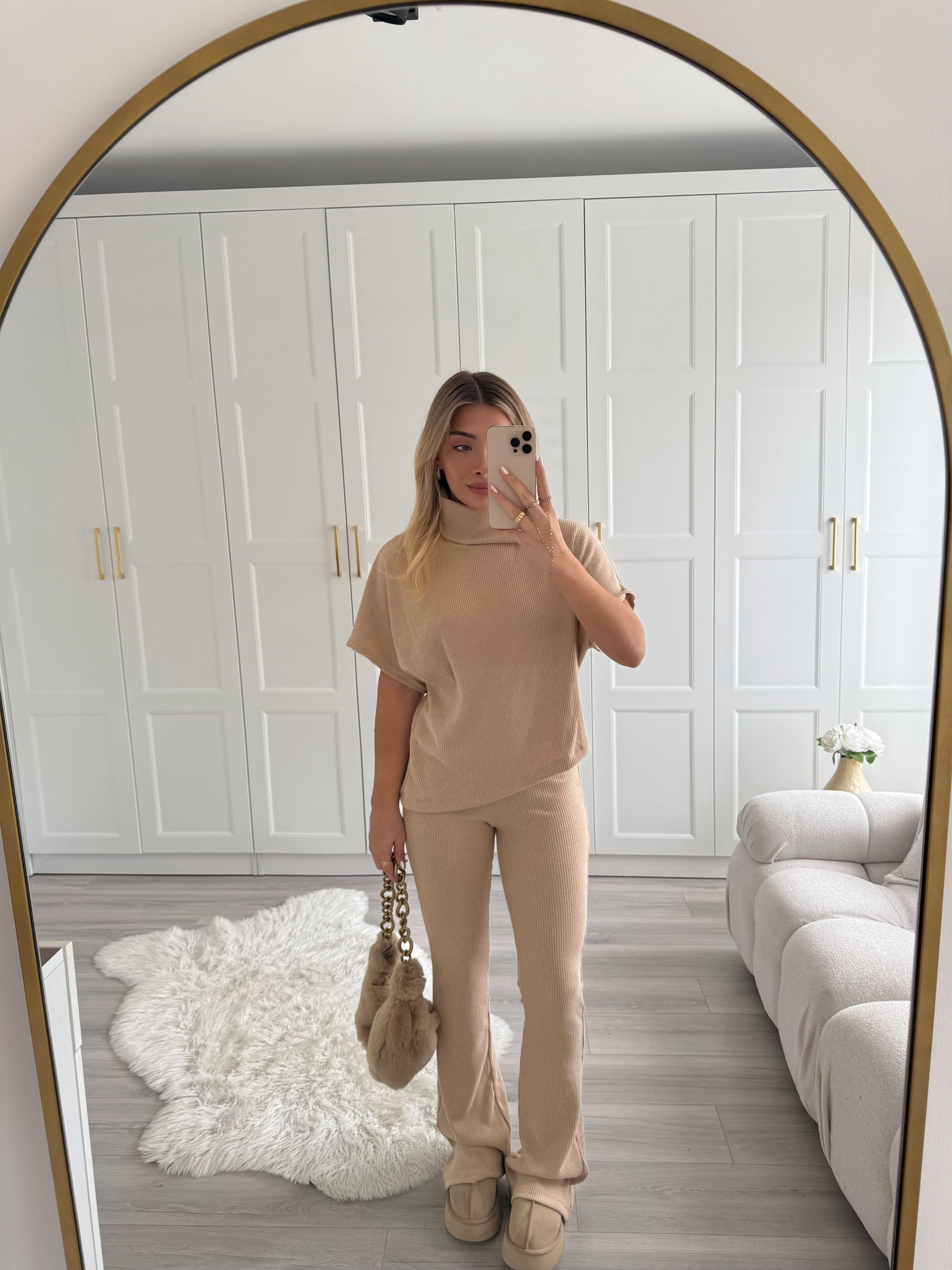 Bej Asimetrik Top- Örme Pantolon Takım 32239