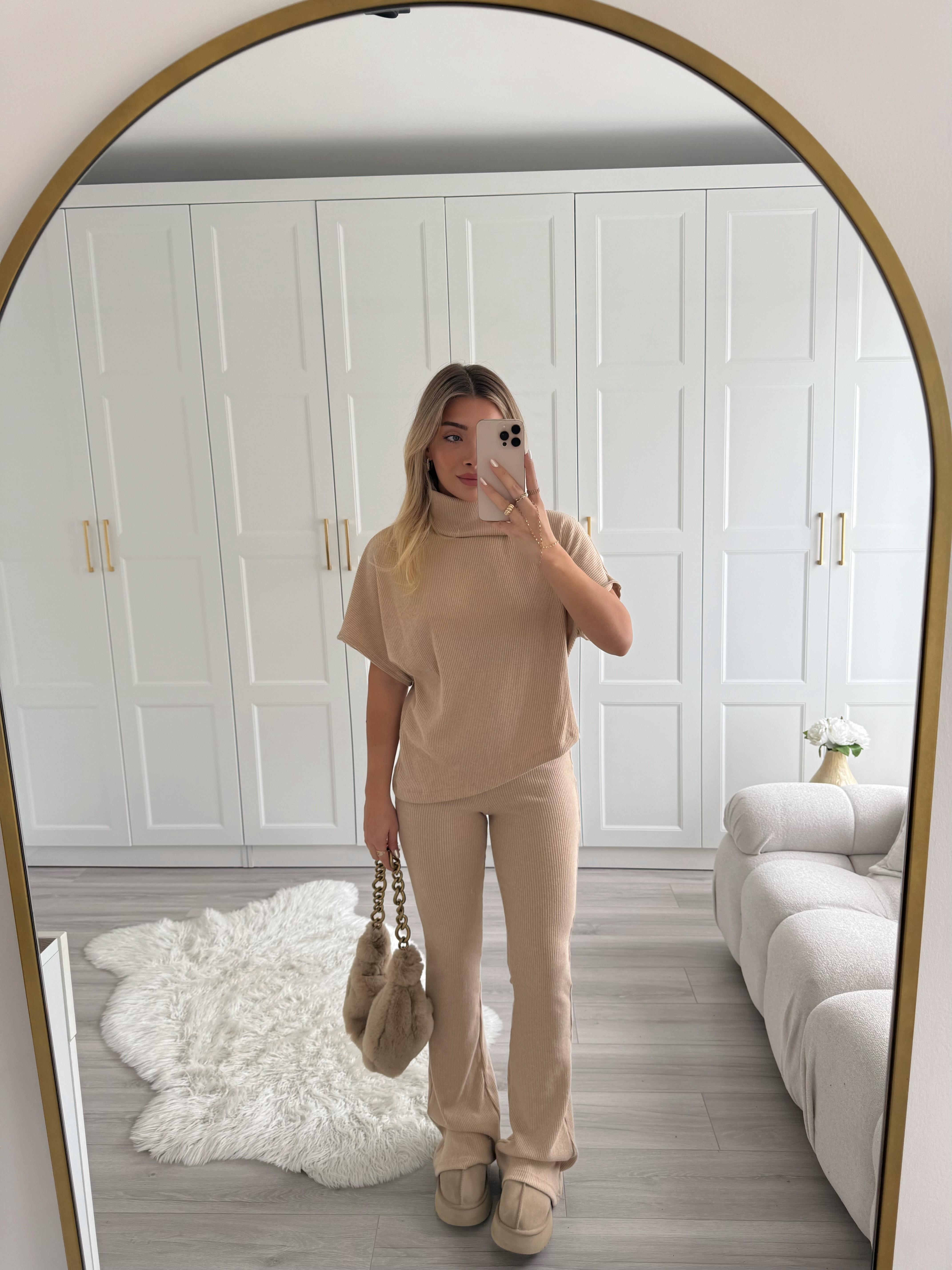 Bej Asimetrik Top- Örme Pantolon Takım 32239