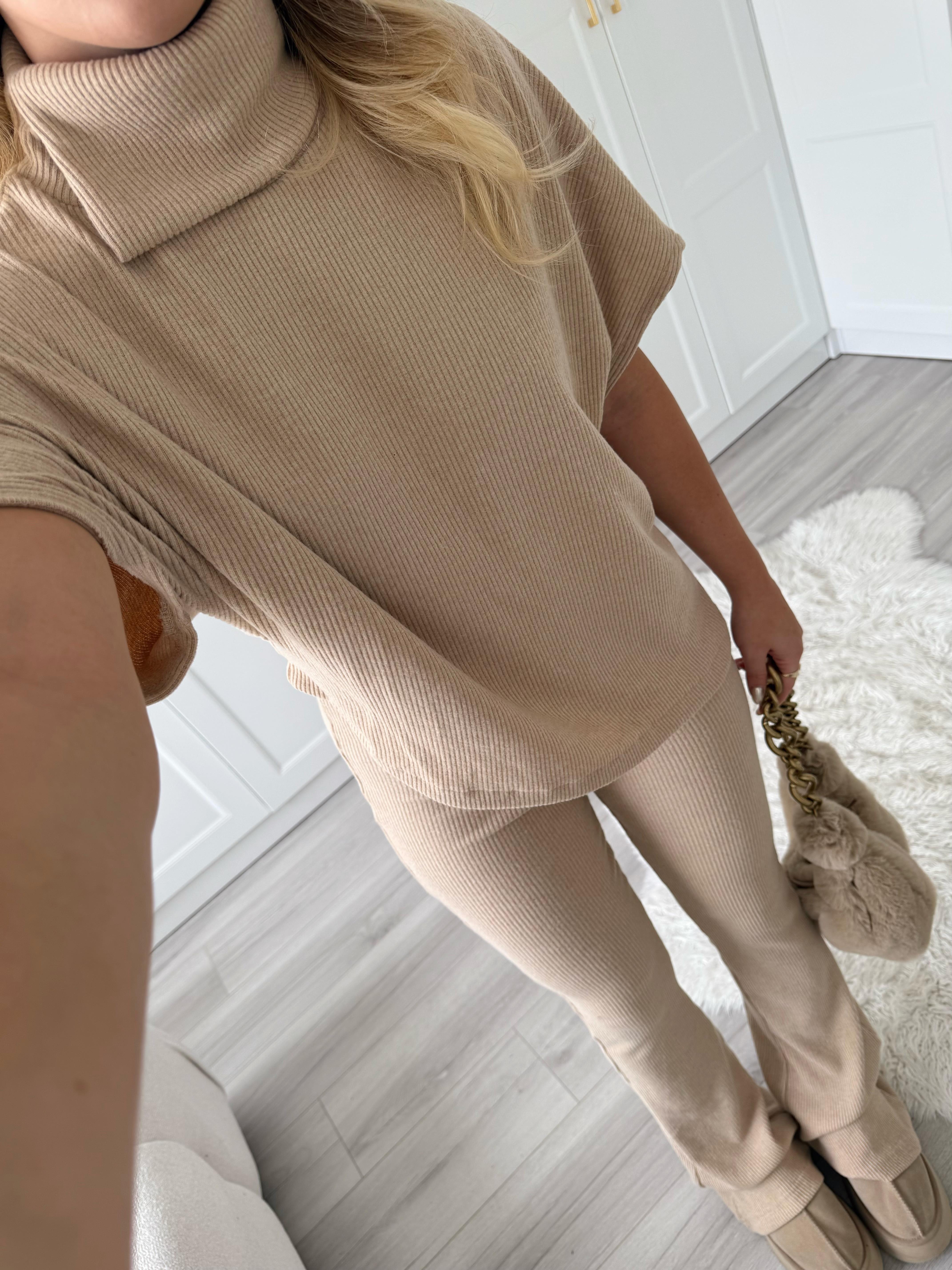Bej Asimetrik Top- Örme Pantolon Takım 32239