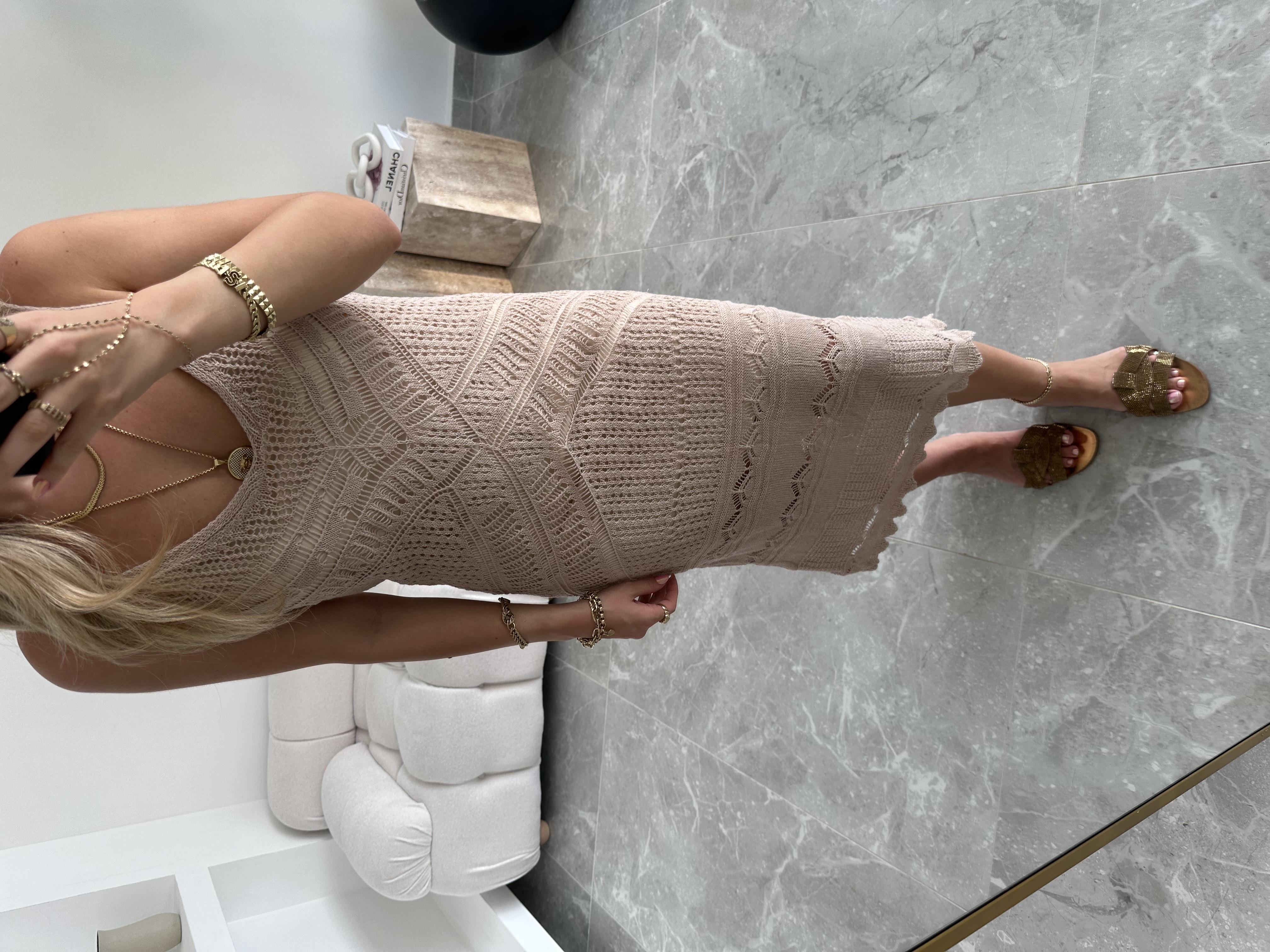 Bej Askılı Ajurlu Elbise