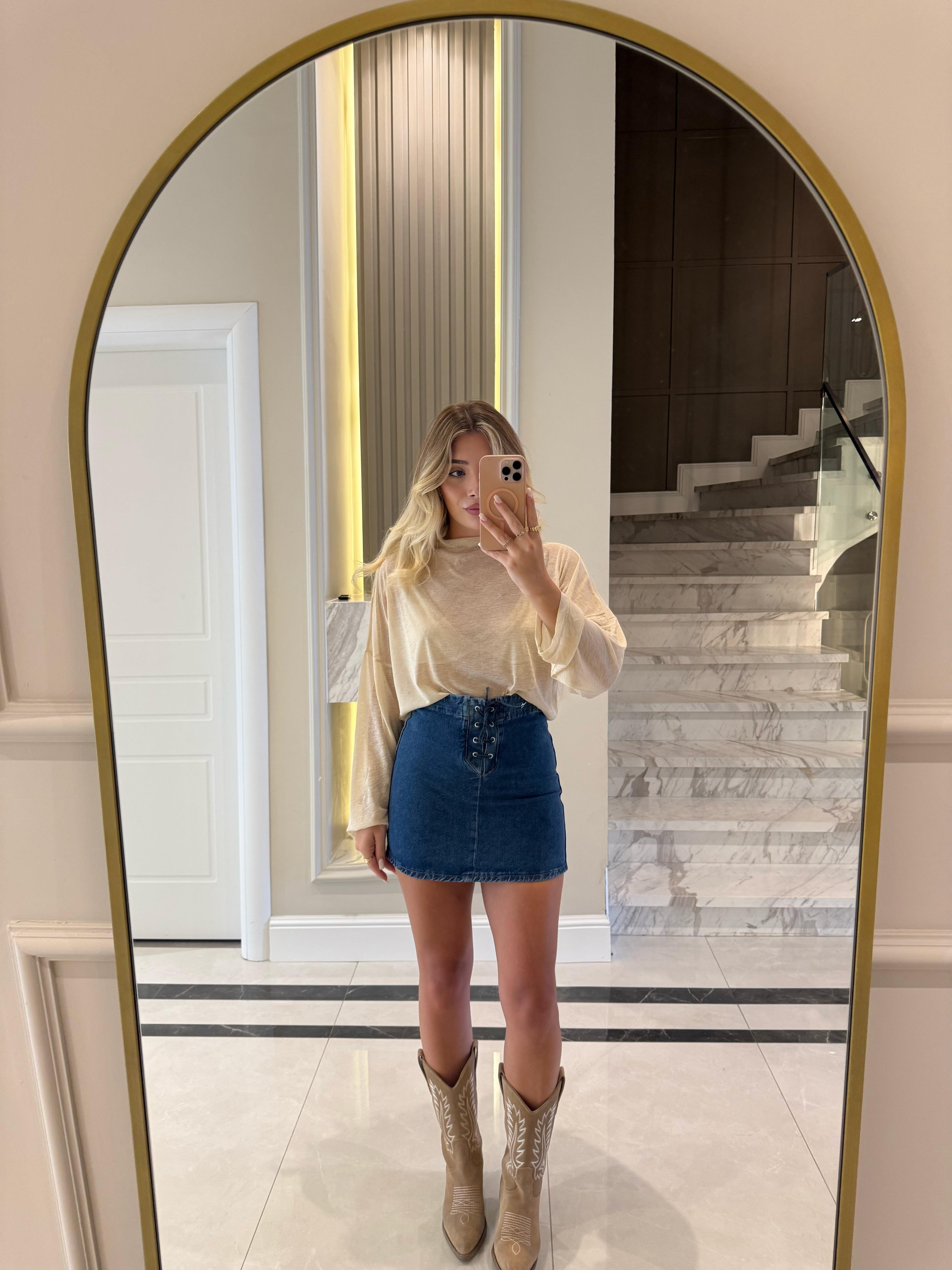 Bej Dik Yaka Transparan Bluz-70230