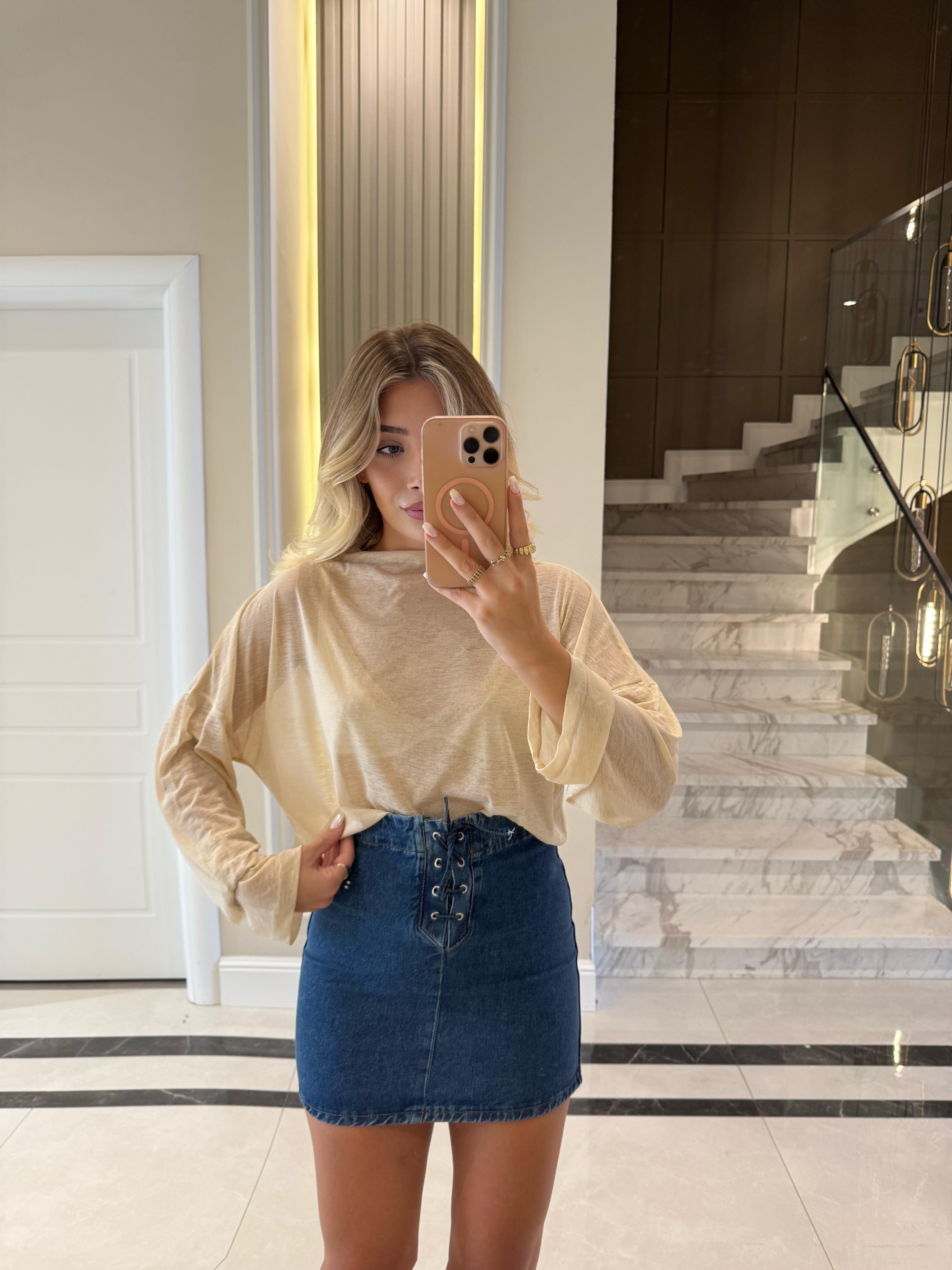 Bej Dik Yaka Transparan Bluz-70230