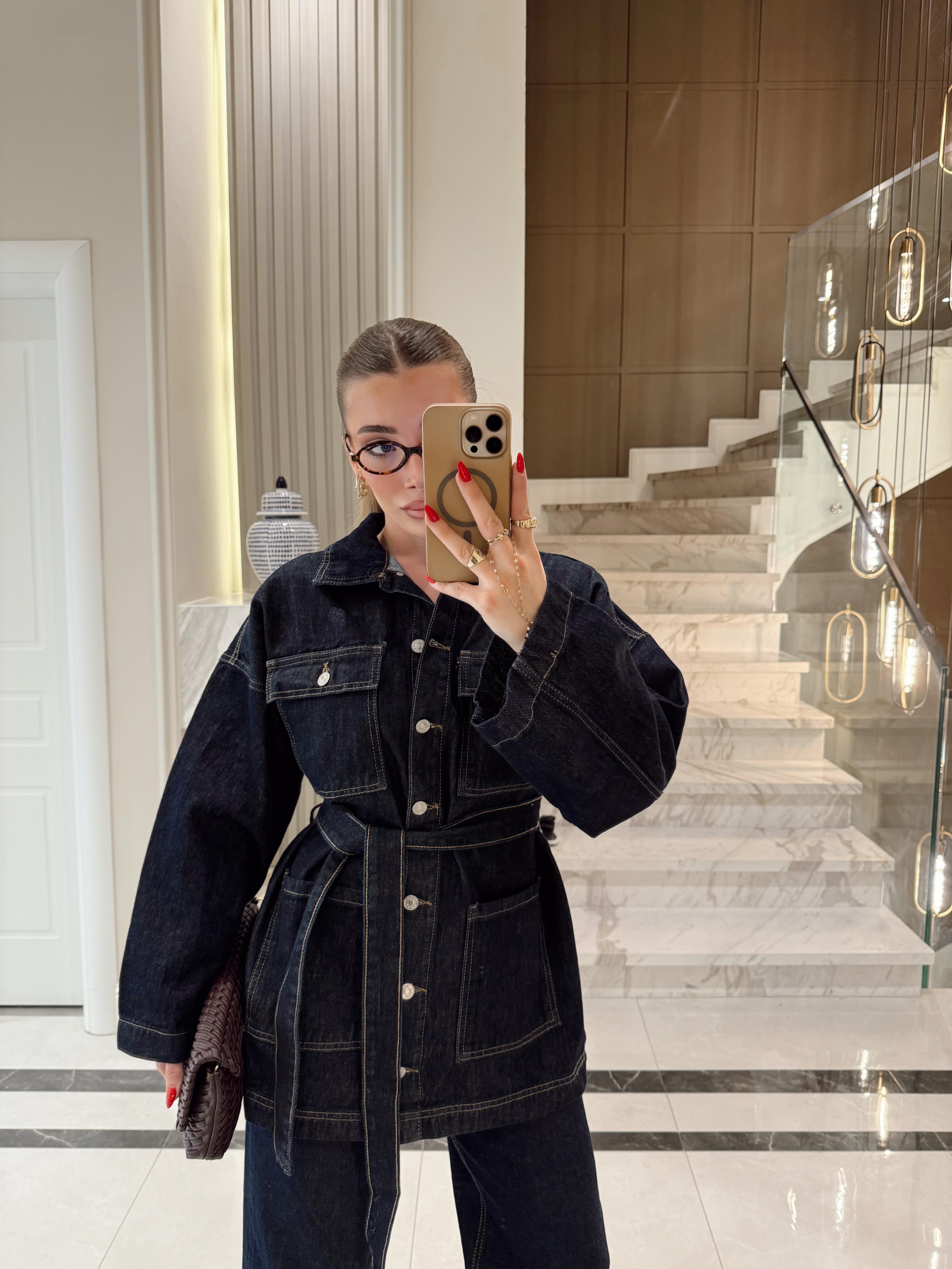 Belden Kuşaklı Lacivert Denim Ceket-Pantolon Takım