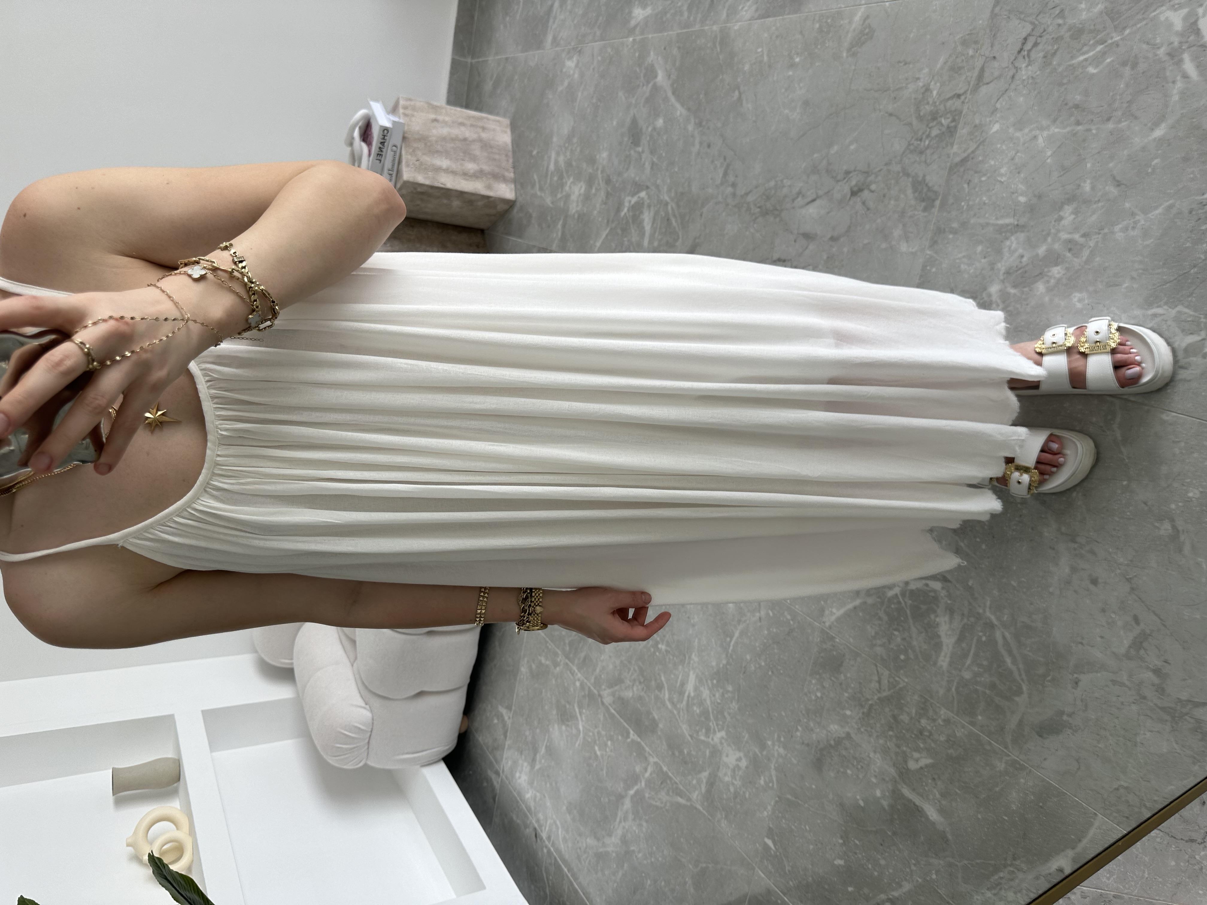 Beyaz Askılı Büzgülü Natural Elbise