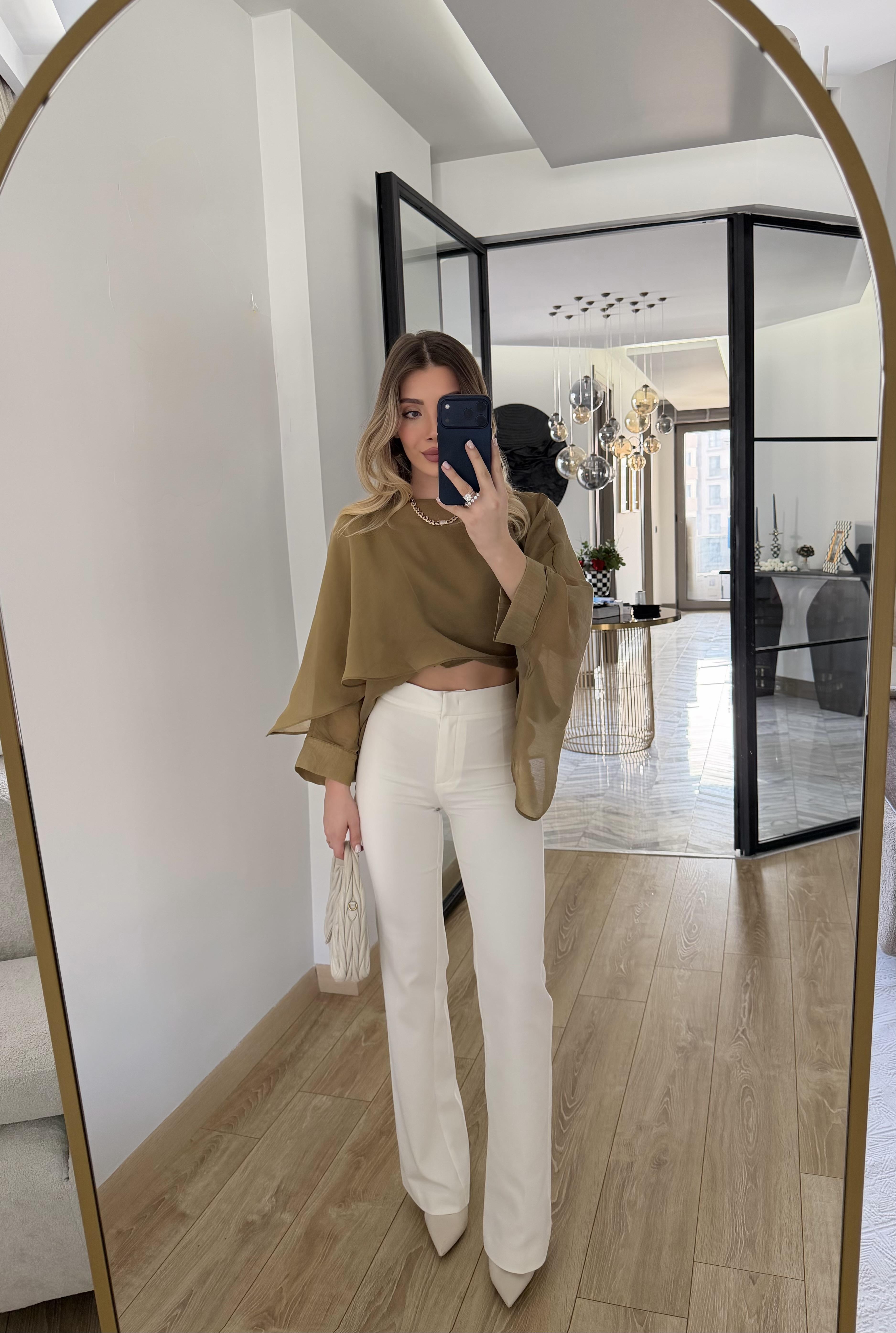 Beyaz Çan Paça Pantolon -72641