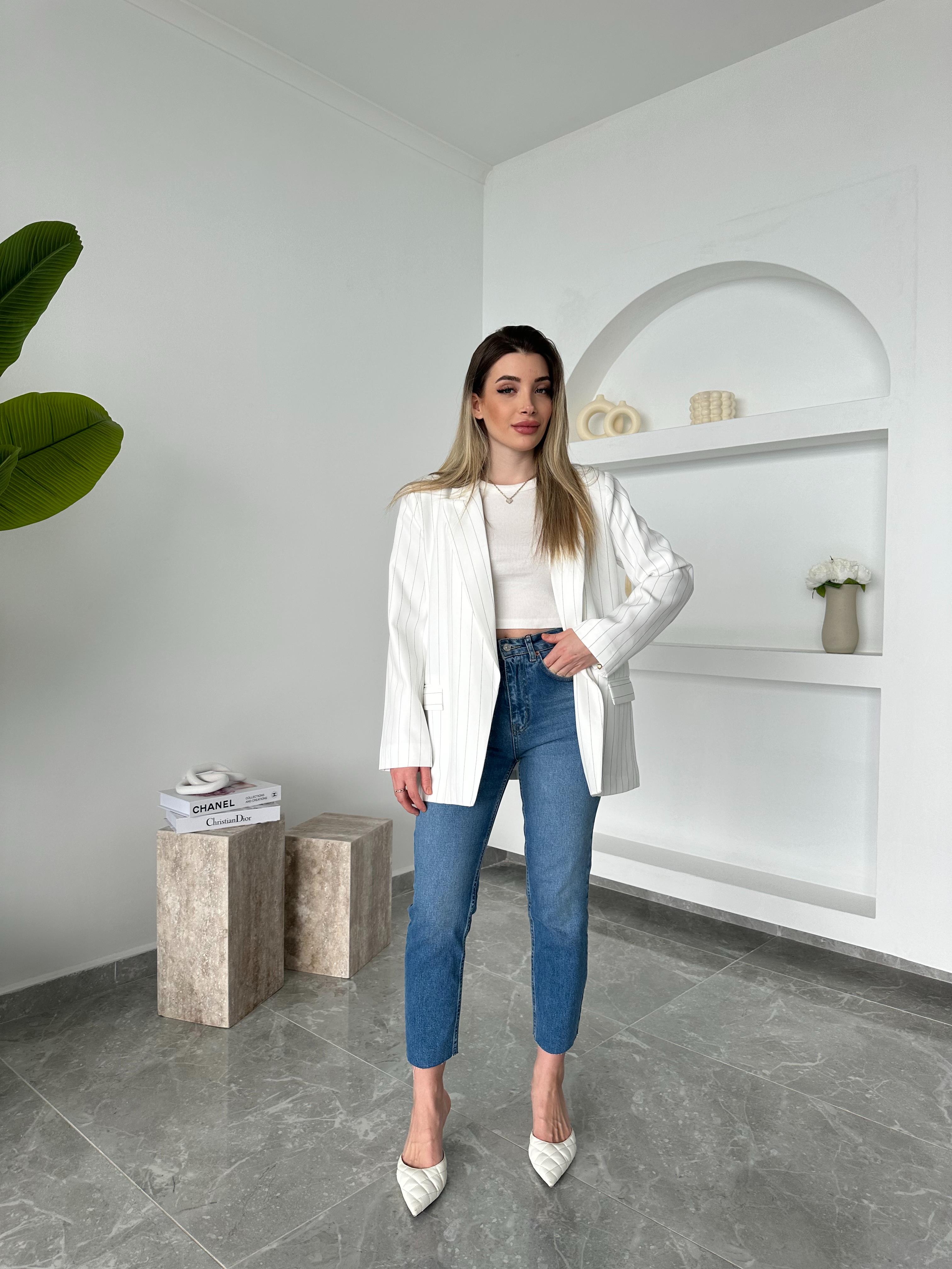 Beyaz Çizgili Blazer Ceket qz