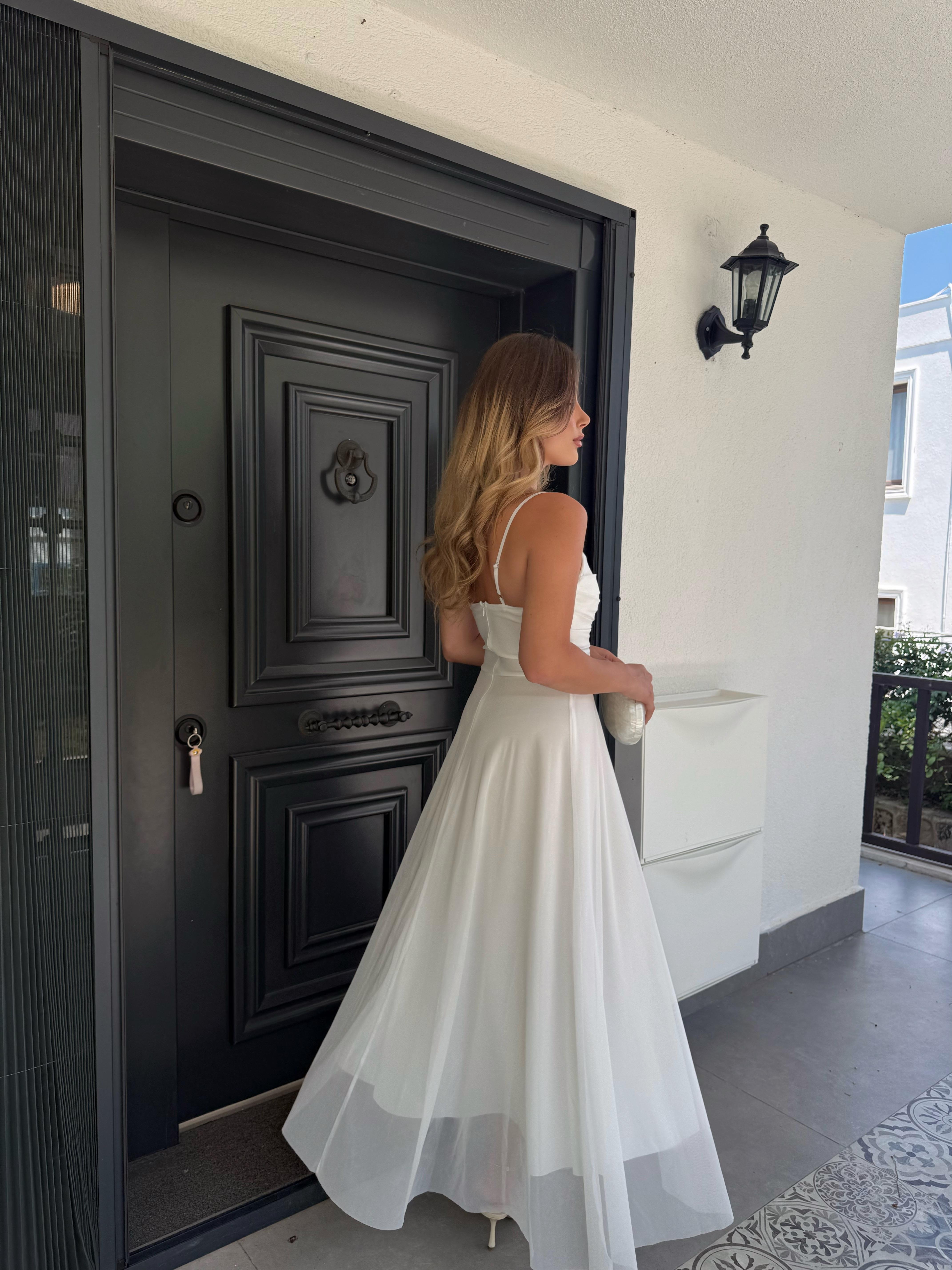 Beyaz  Daisy İp Askılı  Drapeli Maxi Boy Elbise