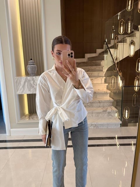 Beyaz Kruvaze Bağlamalı Gömlek-Qu 1023