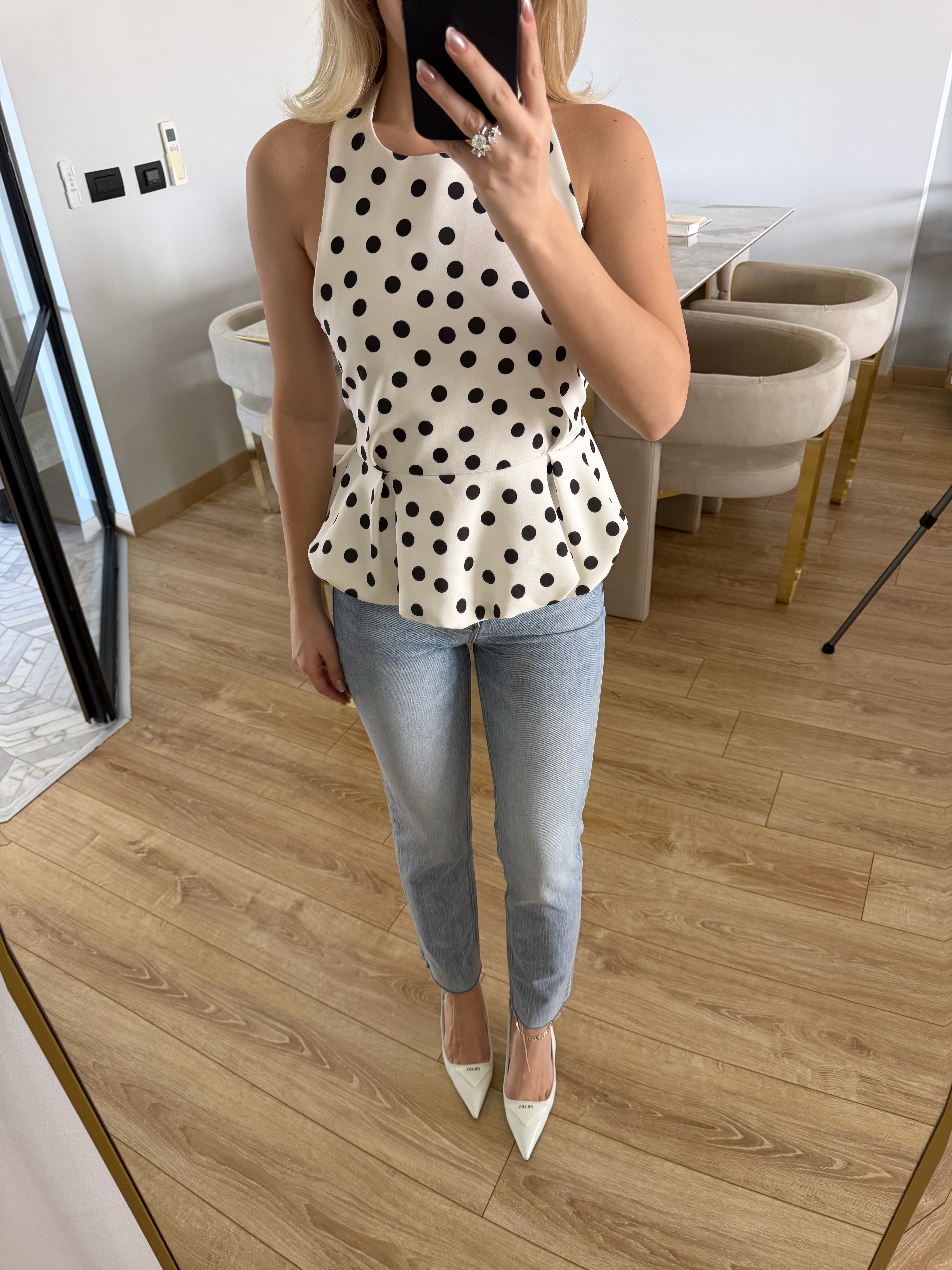 Beyaz  Puantiyeli Balon Bluz-4169