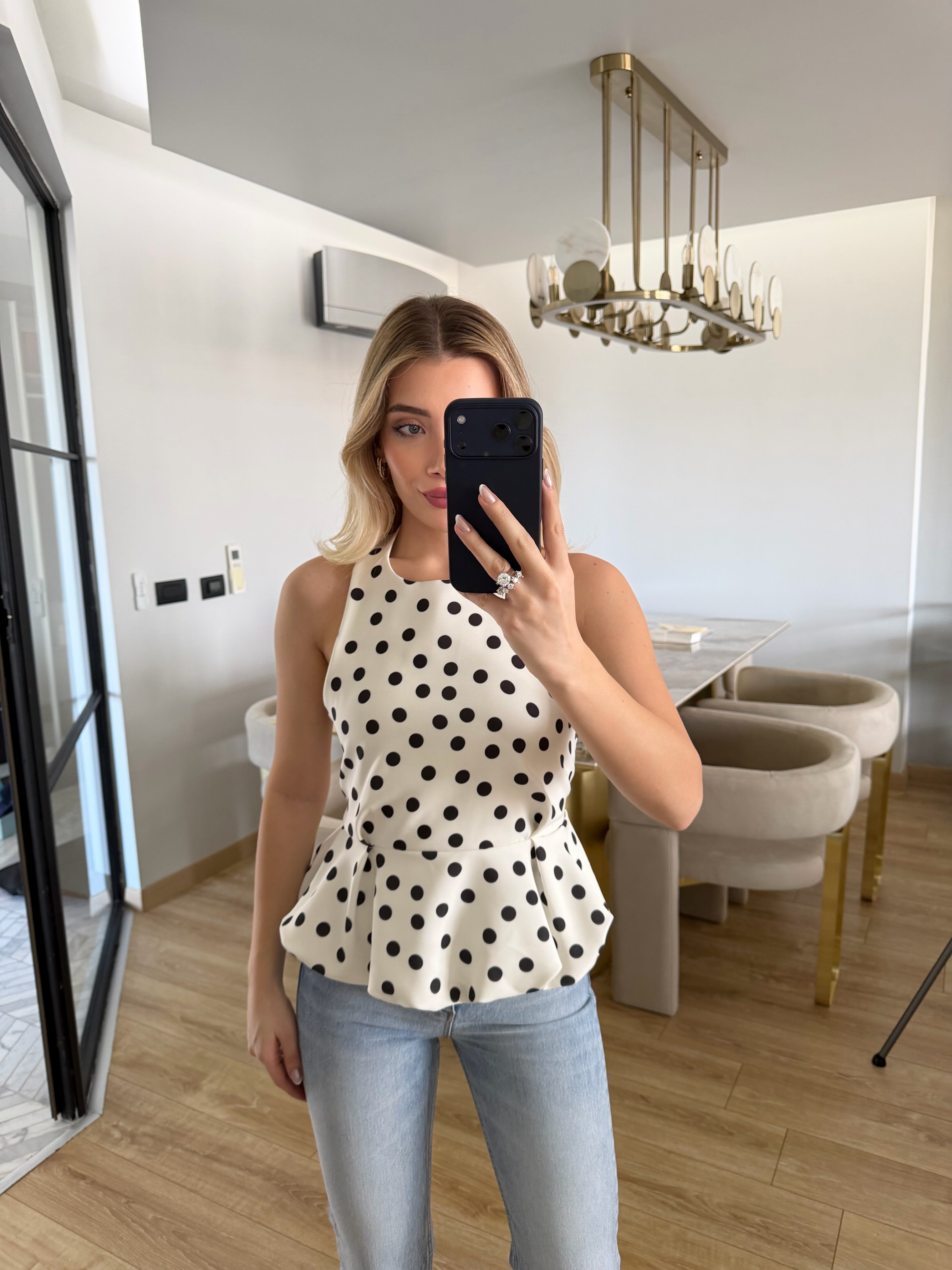 Beyaz  Puantiyeli Balon Bluz-4169