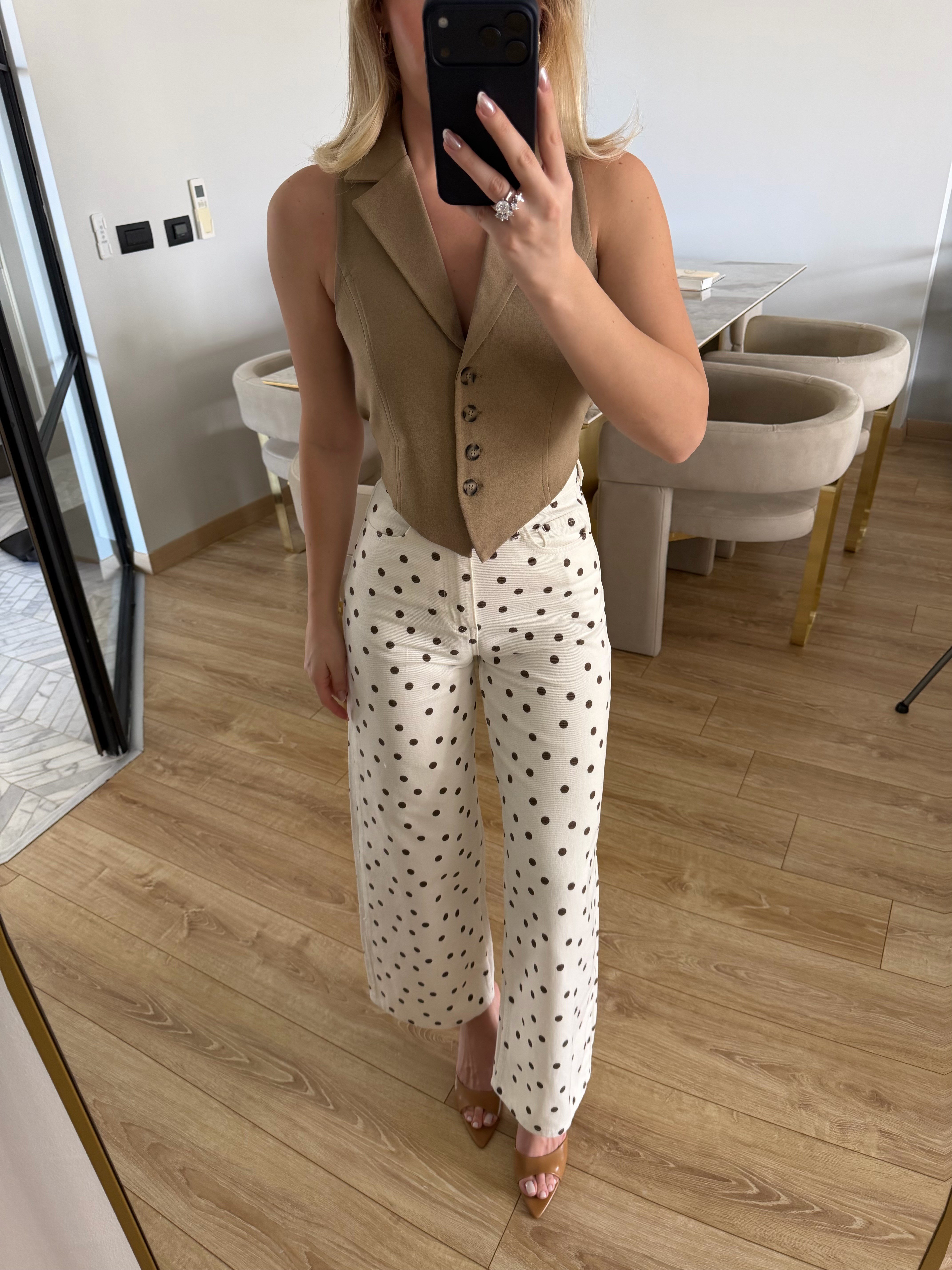 Beyaz Puantiyeli Desenli Cropped Straight Jean 