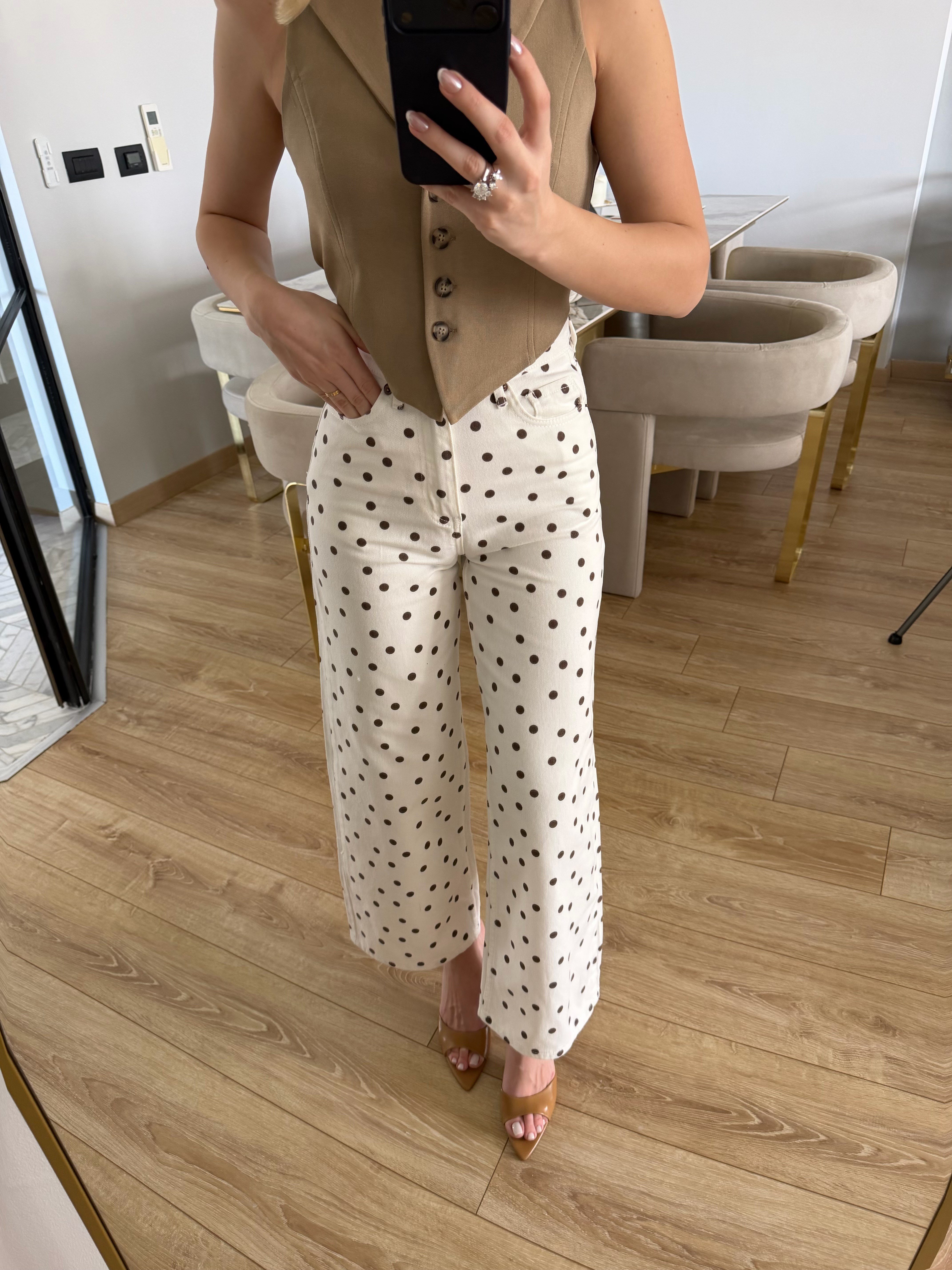 Beyaz Puantiyeli Desenli Cropped Straight Jean 