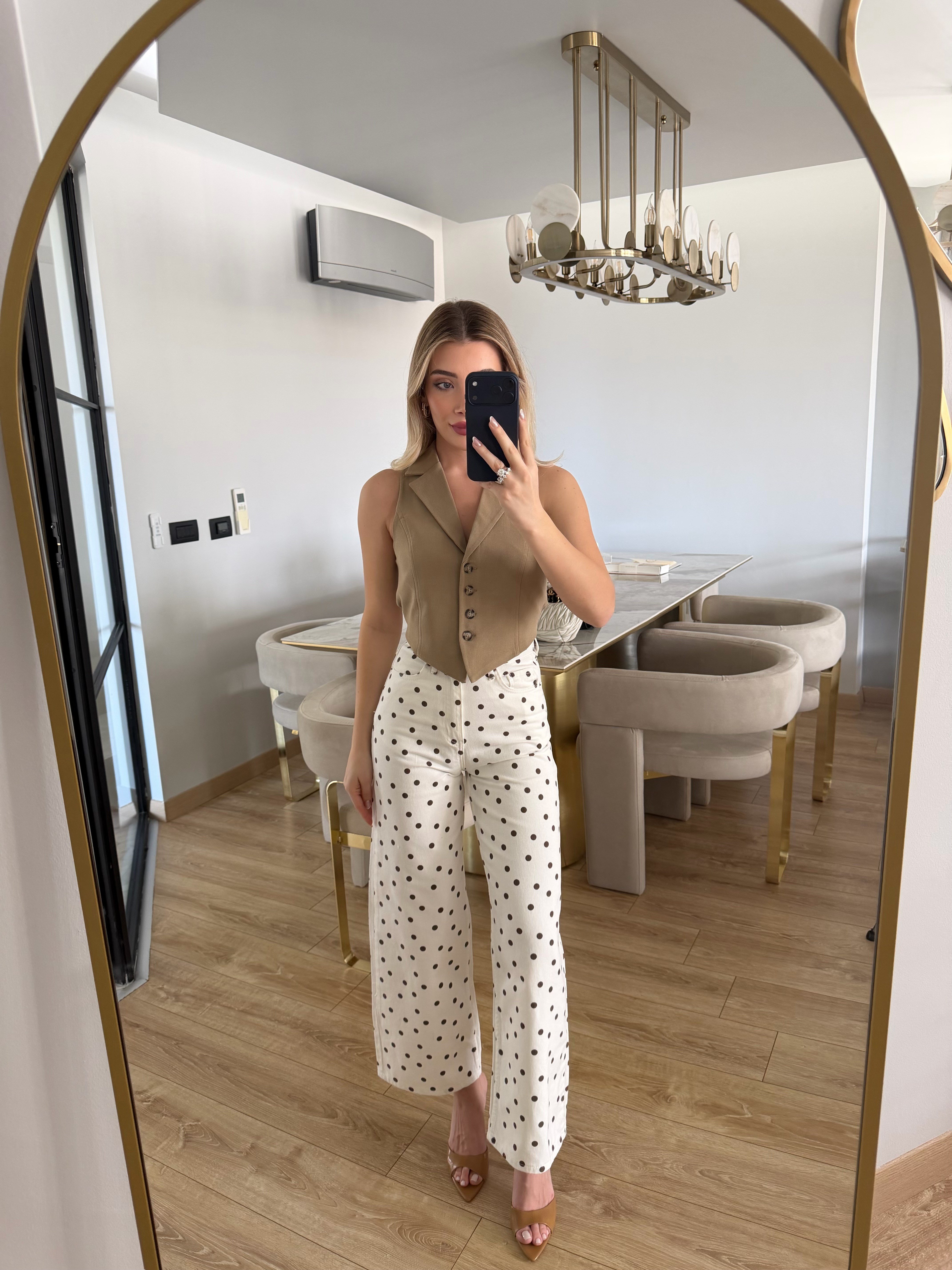 Beyaz Puantiyeli Desenli Cropped Straight Jean 