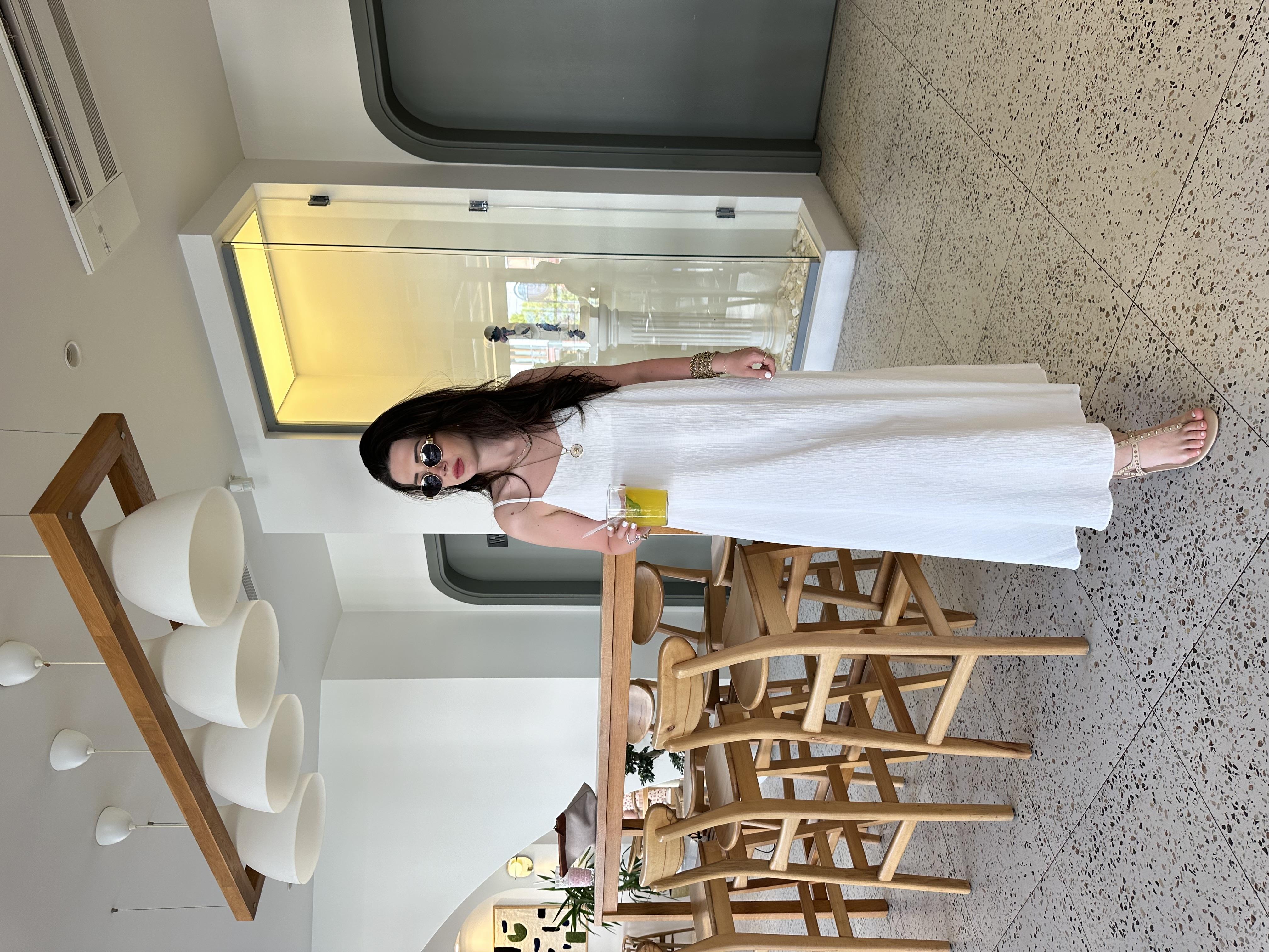 Beyaz Rustik Askılı Midi Elbise