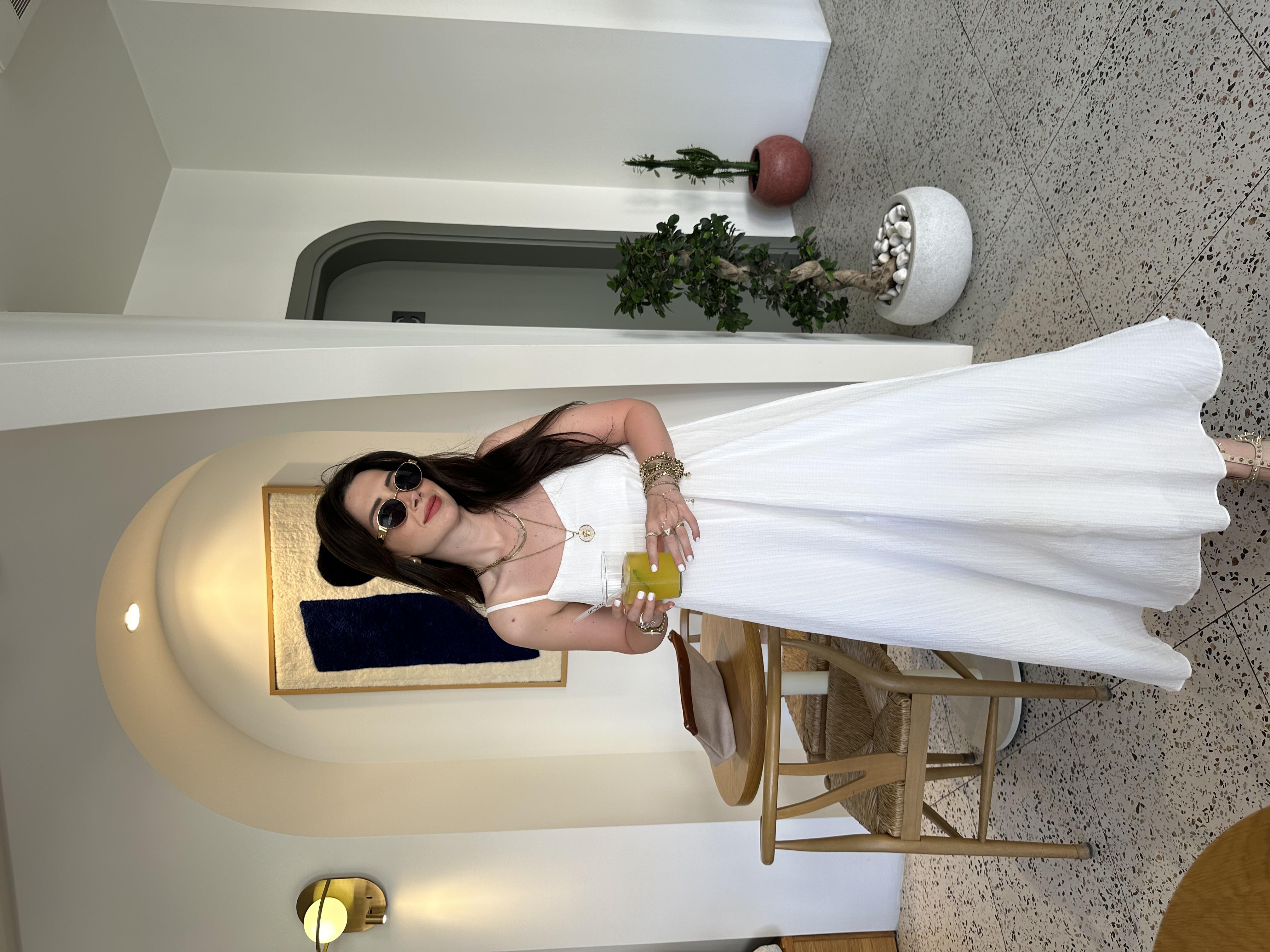 Beyaz Rustik Askılı Midi Elbise