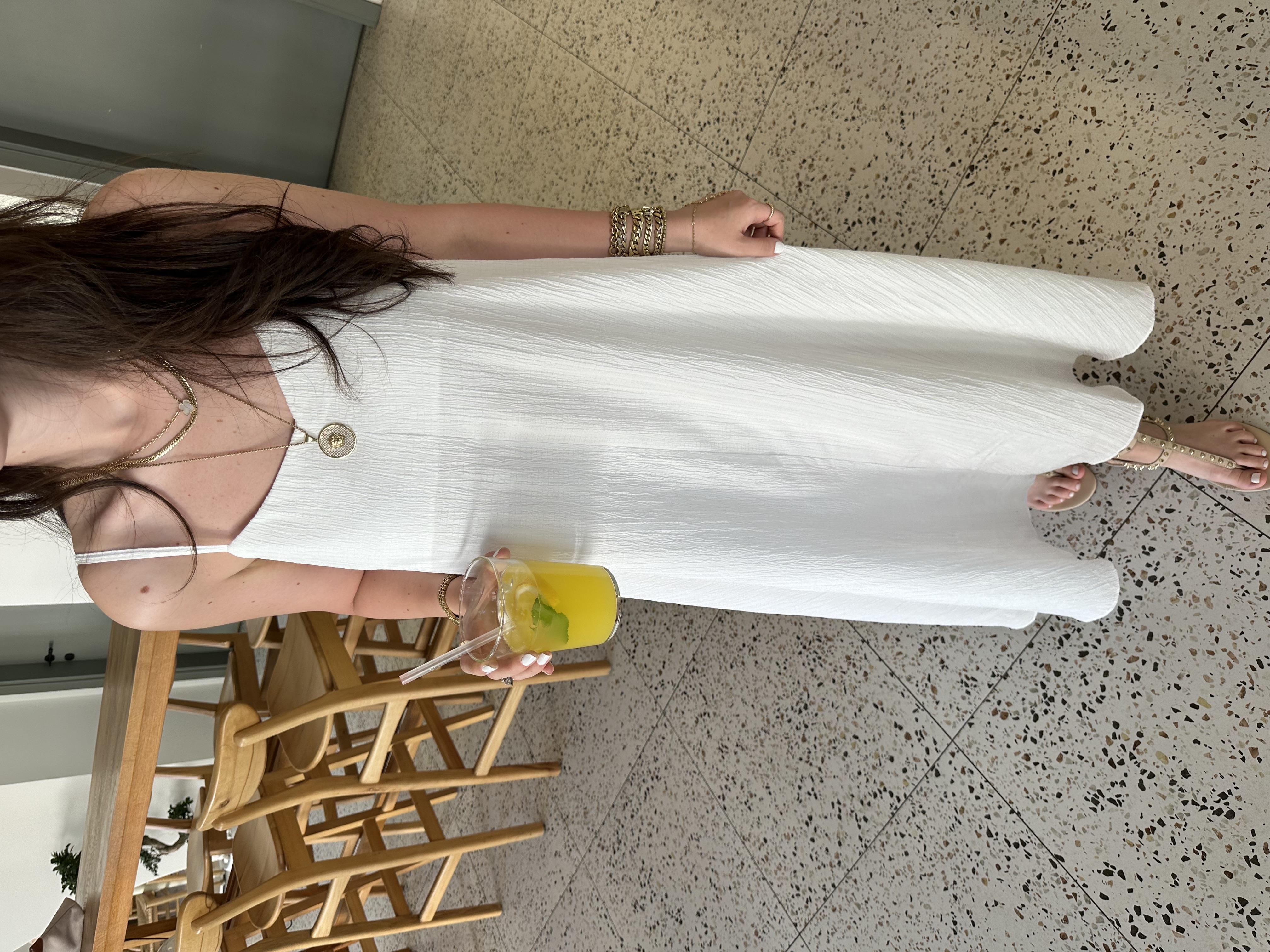 Beyaz Rustik Askılı Midi Elbise