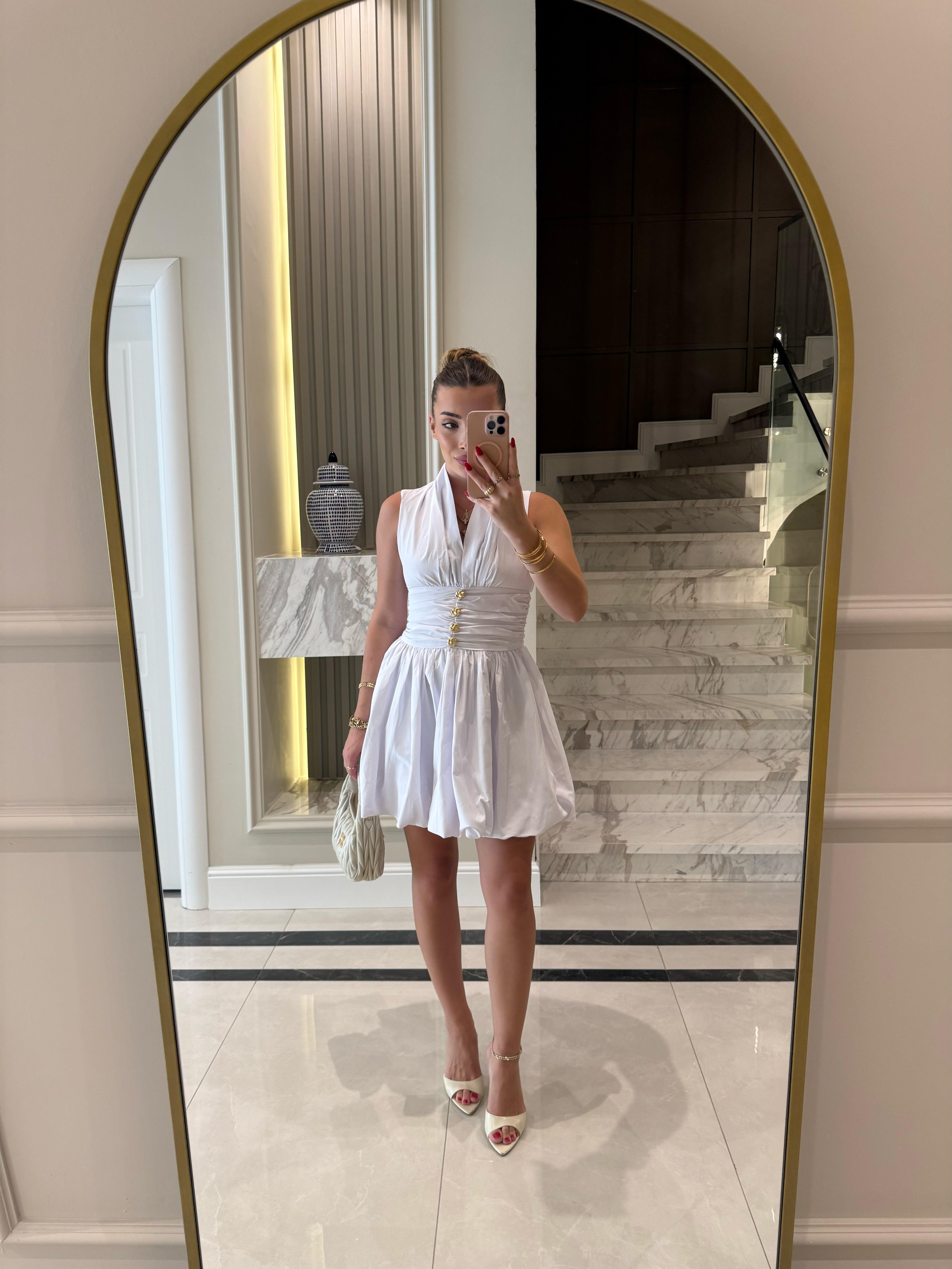 Beyaz Sırt Detaylı Poplin Mini Elbise