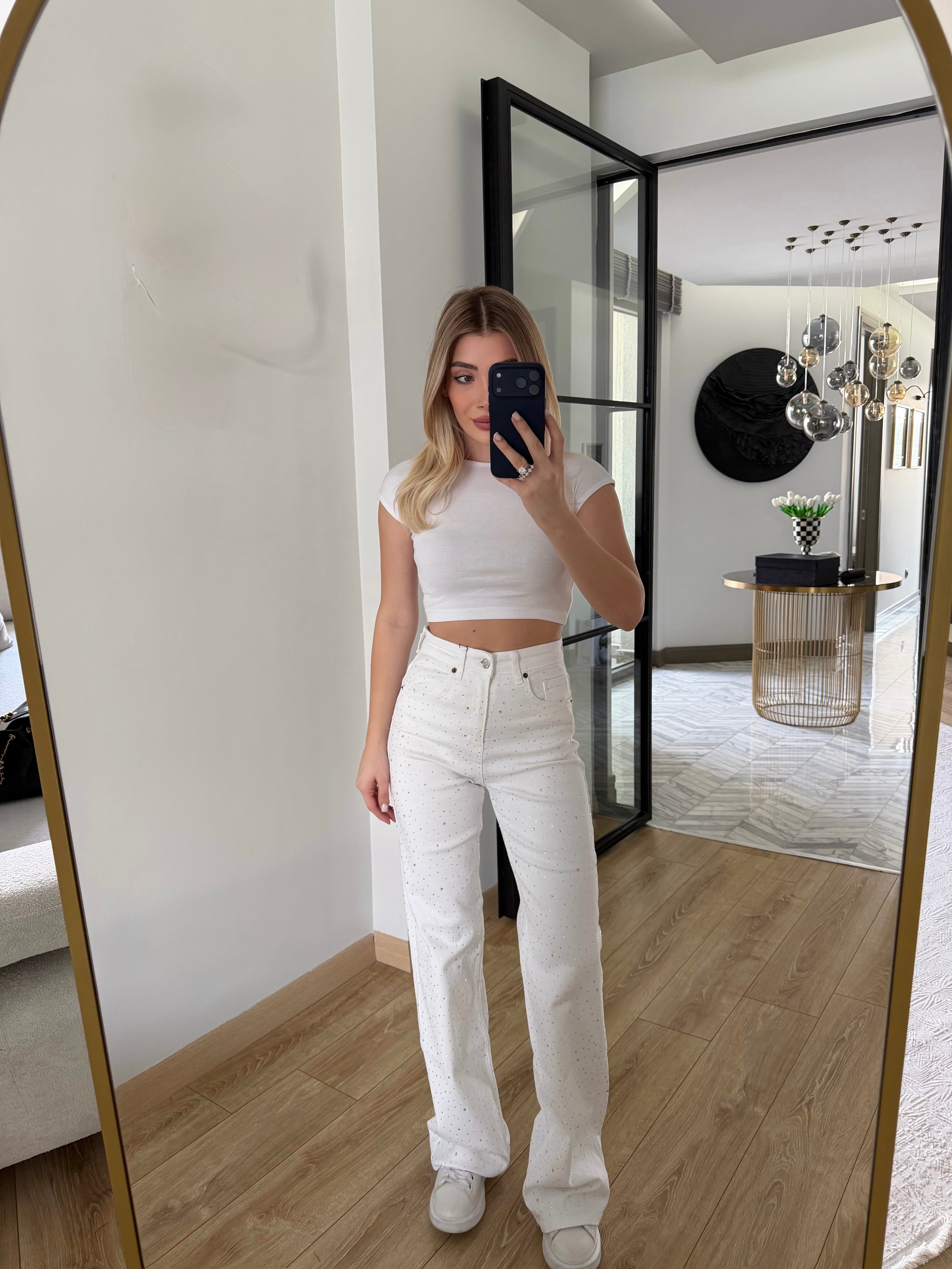 Beyaz Wide Leg Taşlı Pantolon