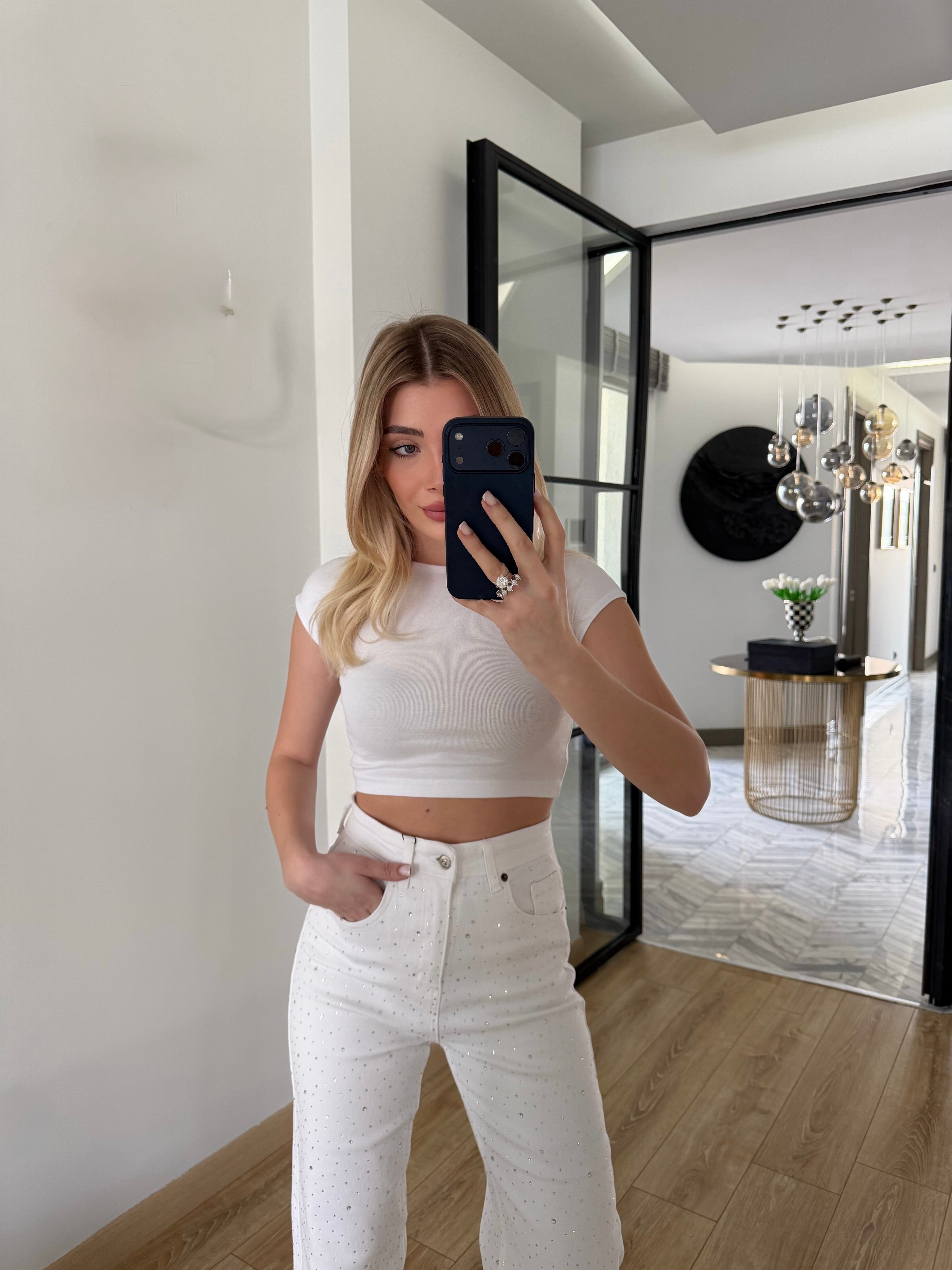 Beyaz Wide Leg Taşlı Pantolon
