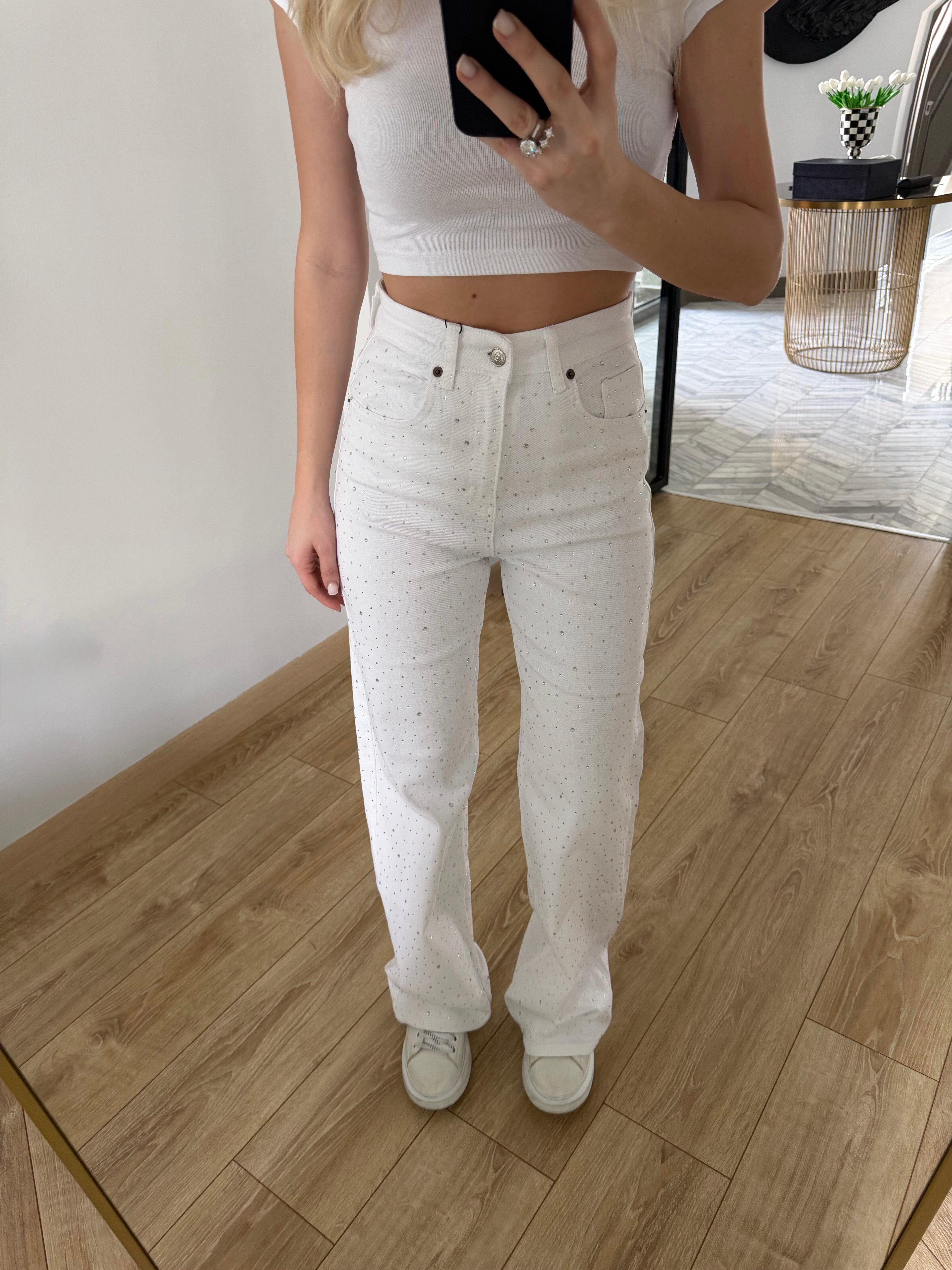 Beyaz Wide Leg Taşlı Pantolon