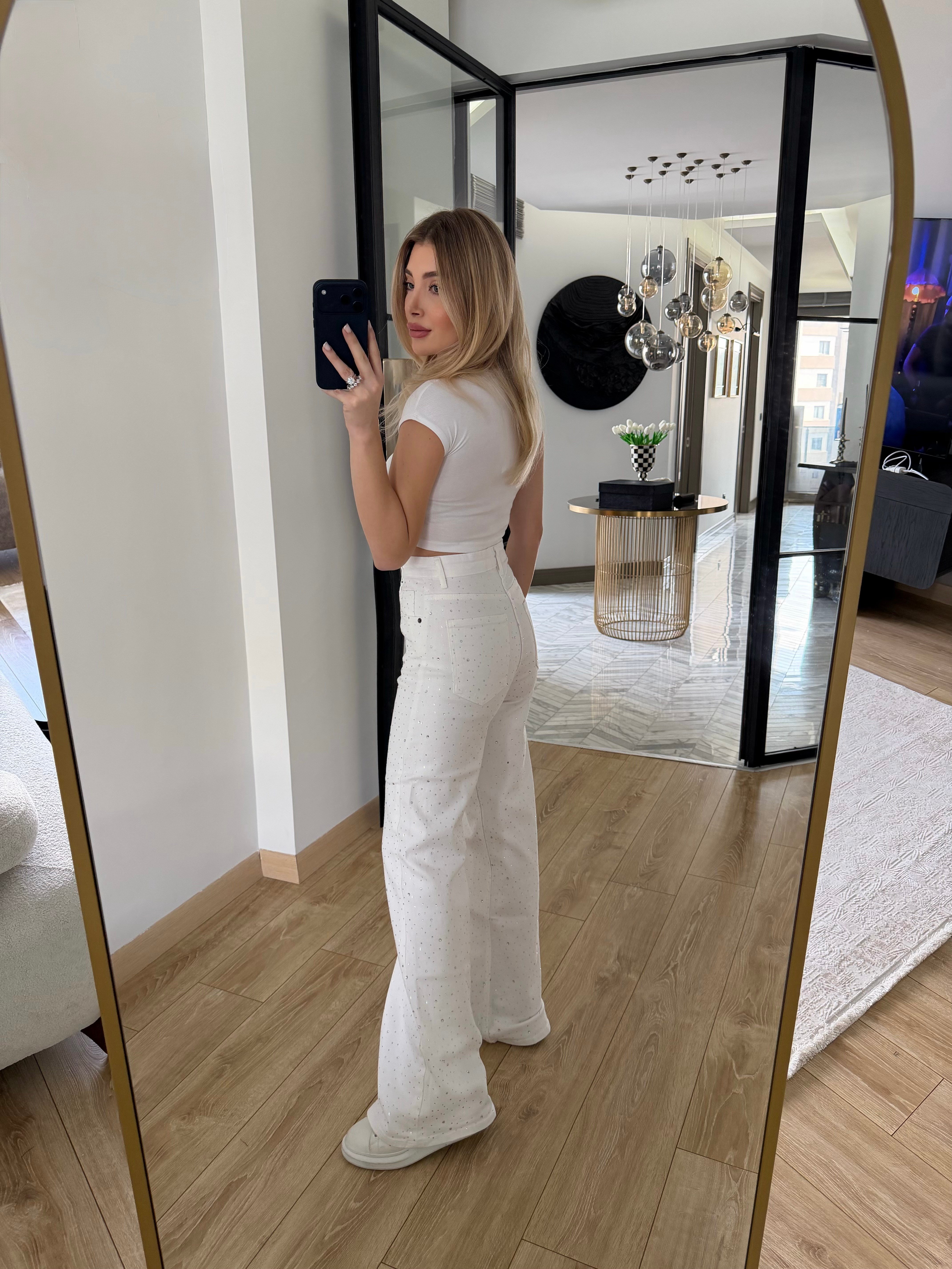 Beyaz Wide Leg Taşlı Pantolon