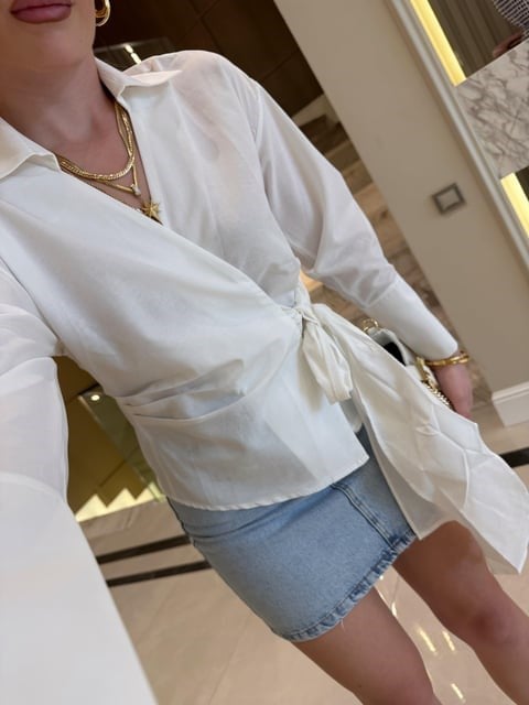 Beyaz Yandan Bağlamalı Poplin Gömlek-QZ 0130