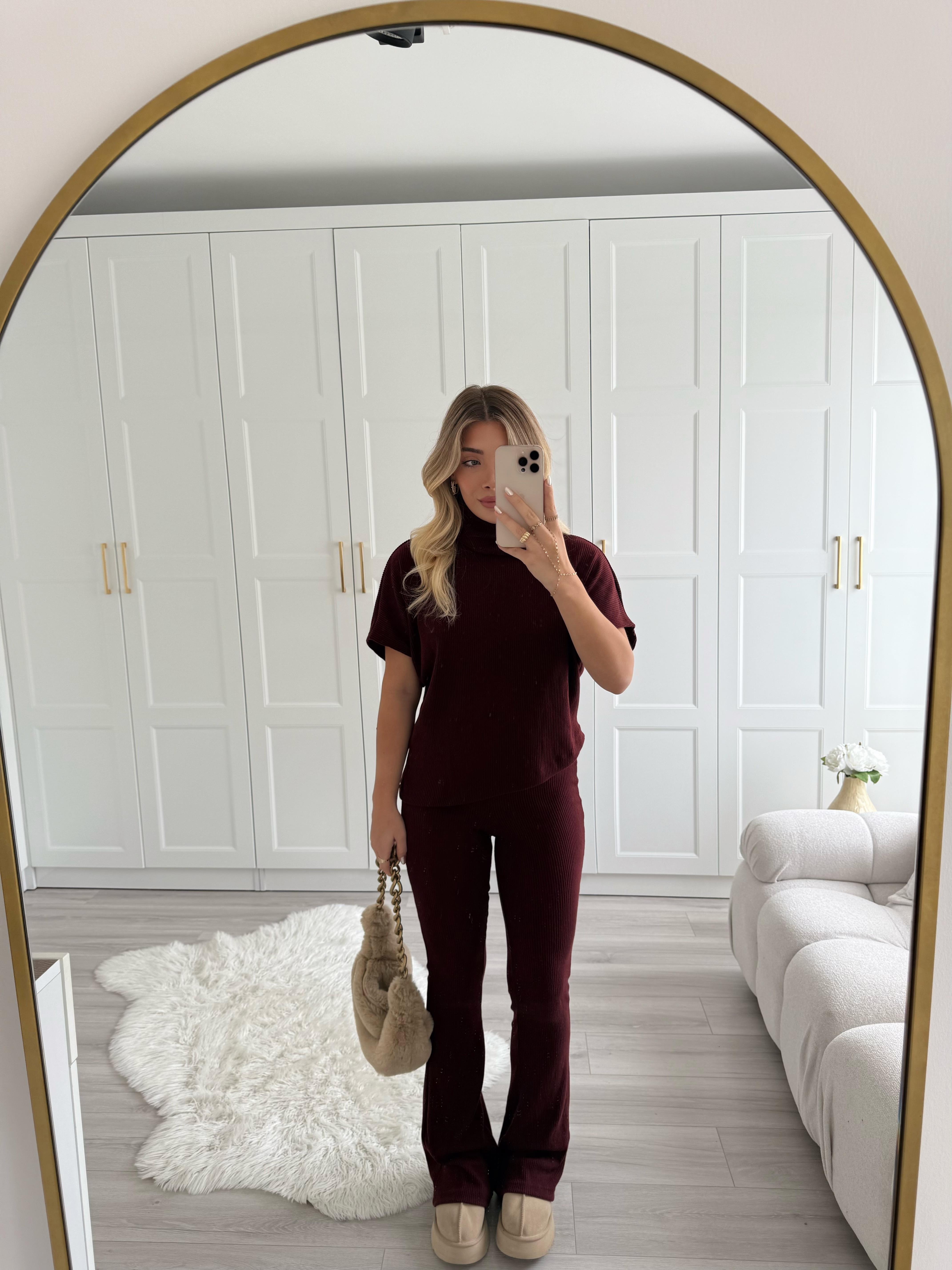 Bordo Asimetrik Top- Örme Pantolon Takım 32239