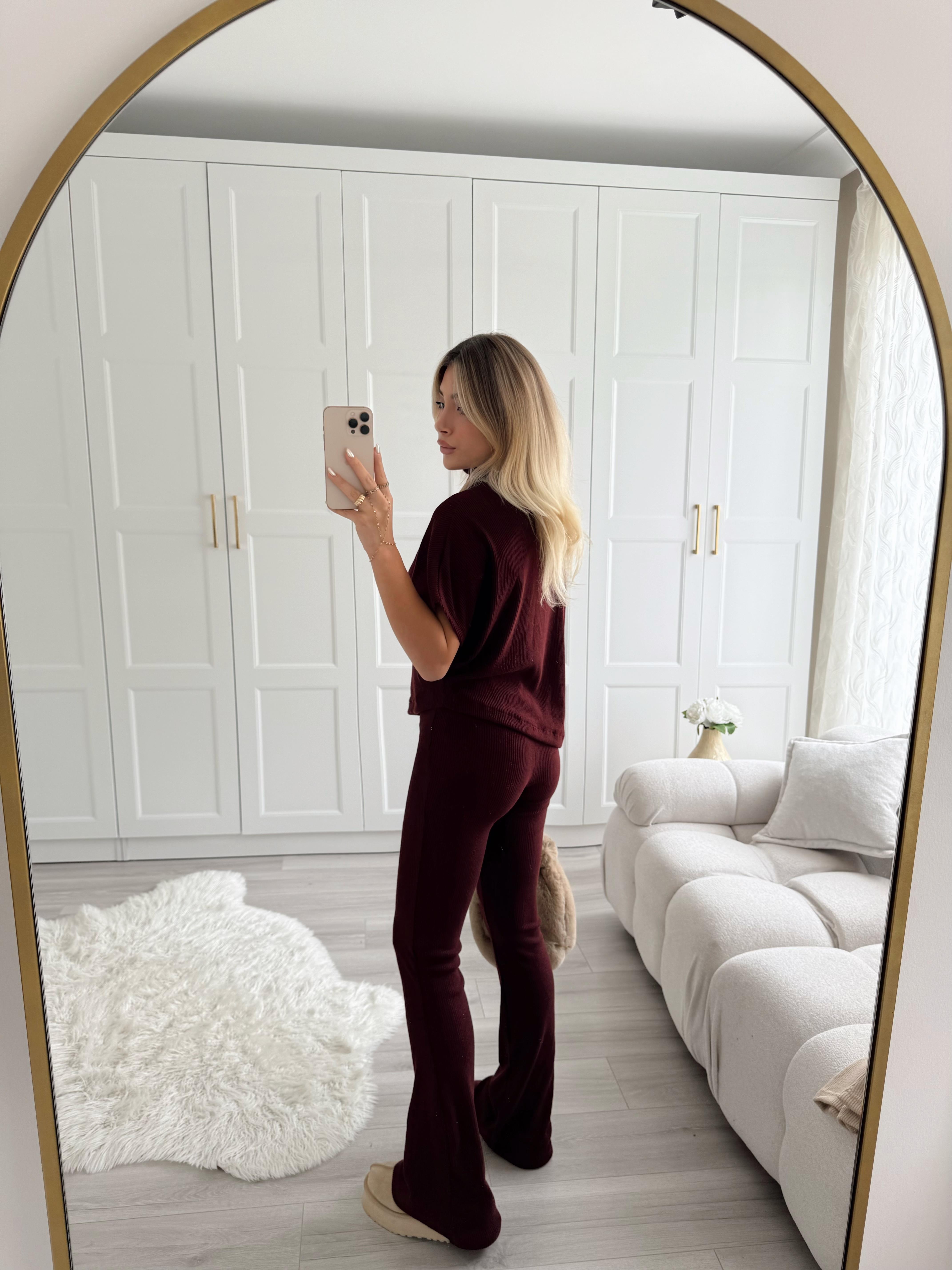 Bordo Asimetrik Top- Örme Pantolon Takım 32239