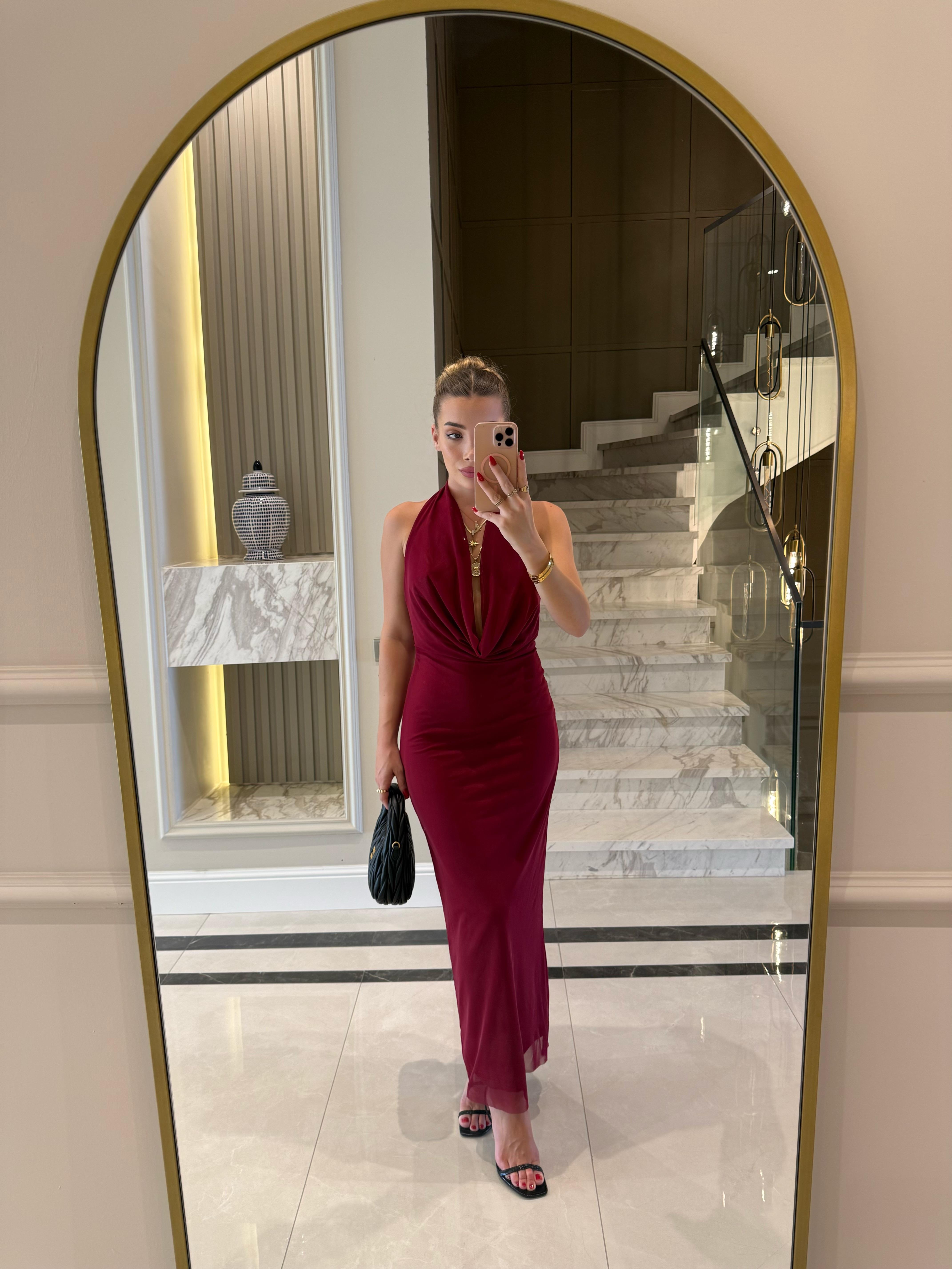 Bordo Batum Elbise -6195