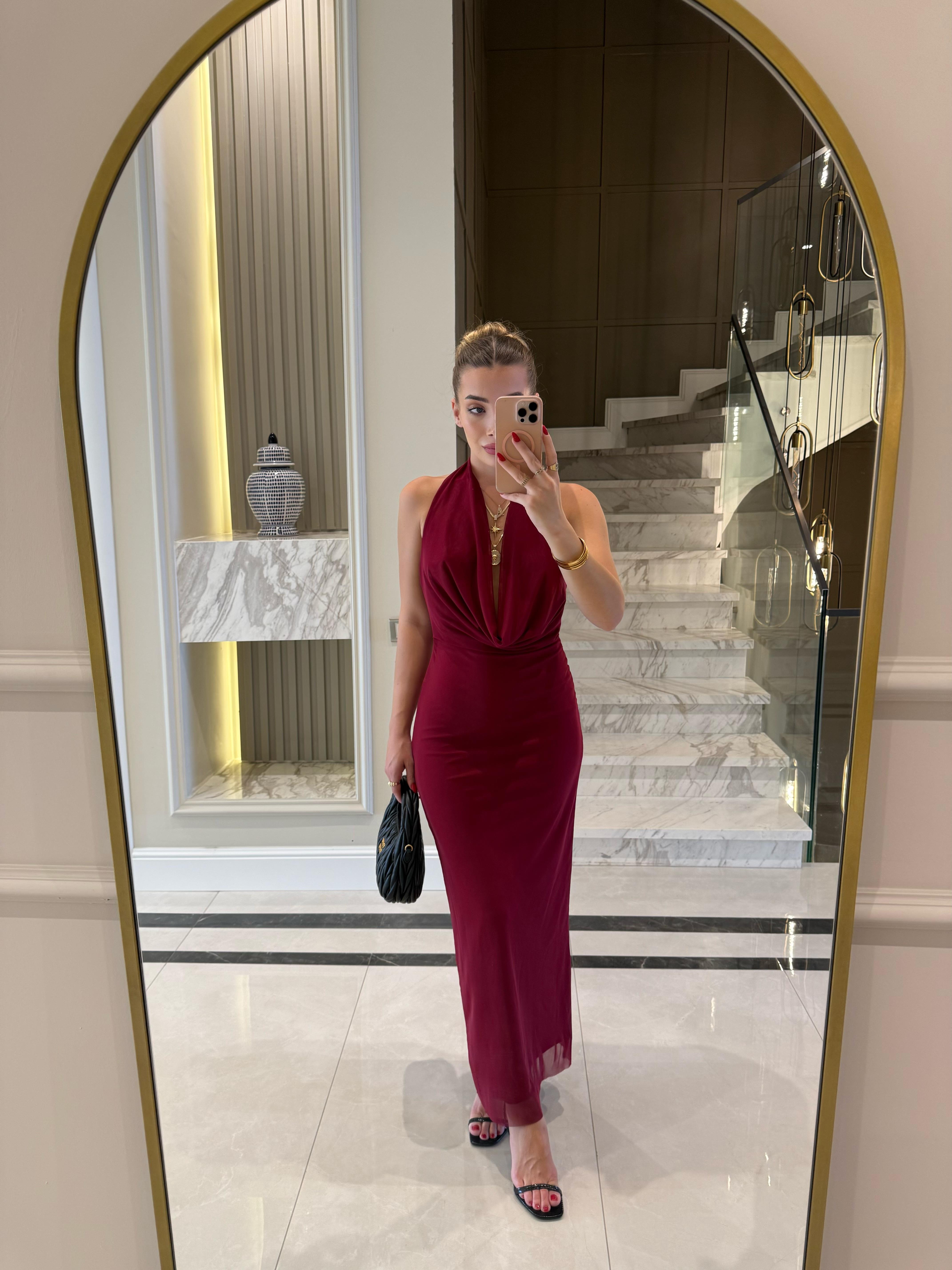 Bordo Batum Elbise -6195