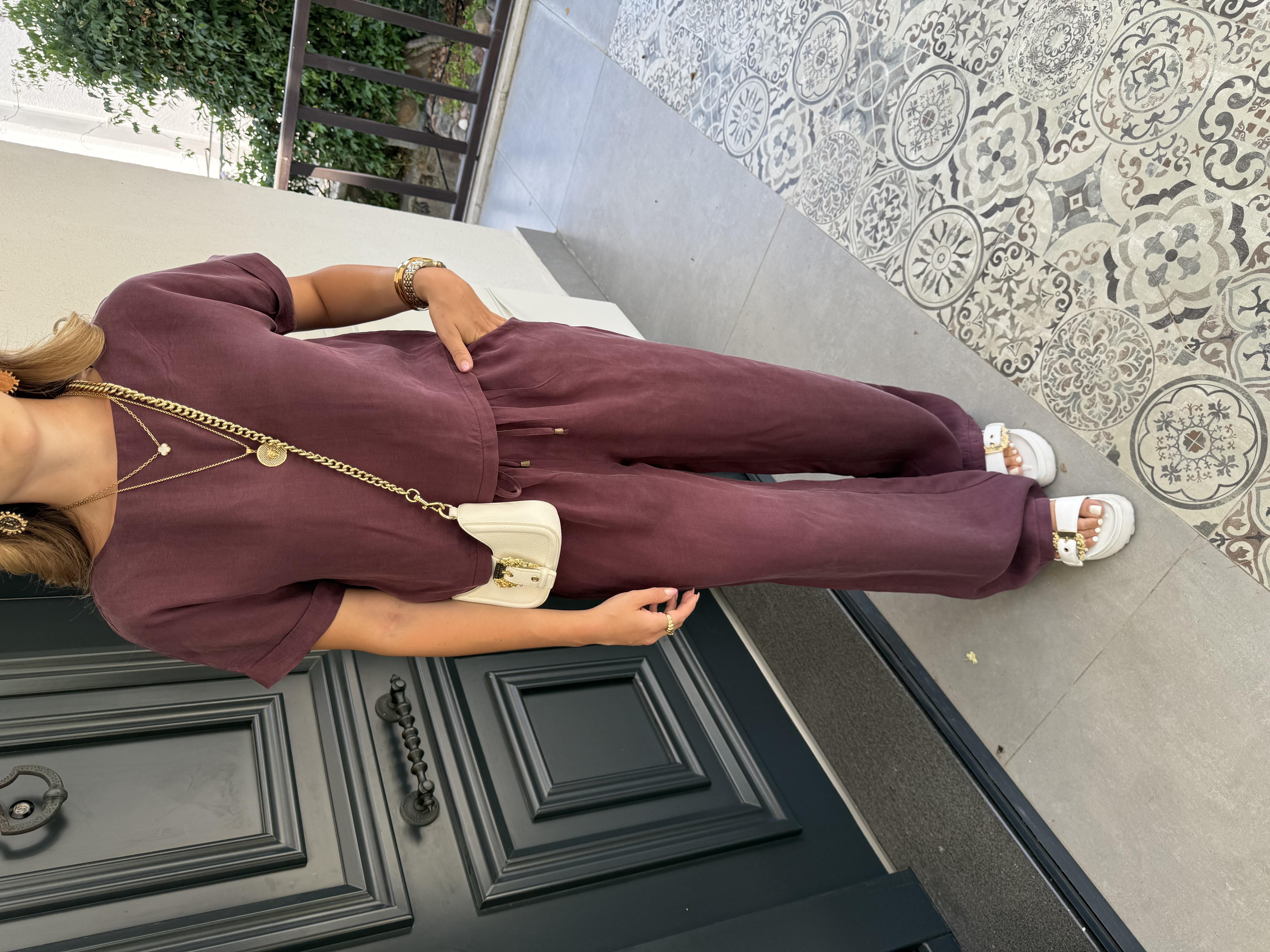 Bordo  Bluz Pantolon Dokulu Takım -51163