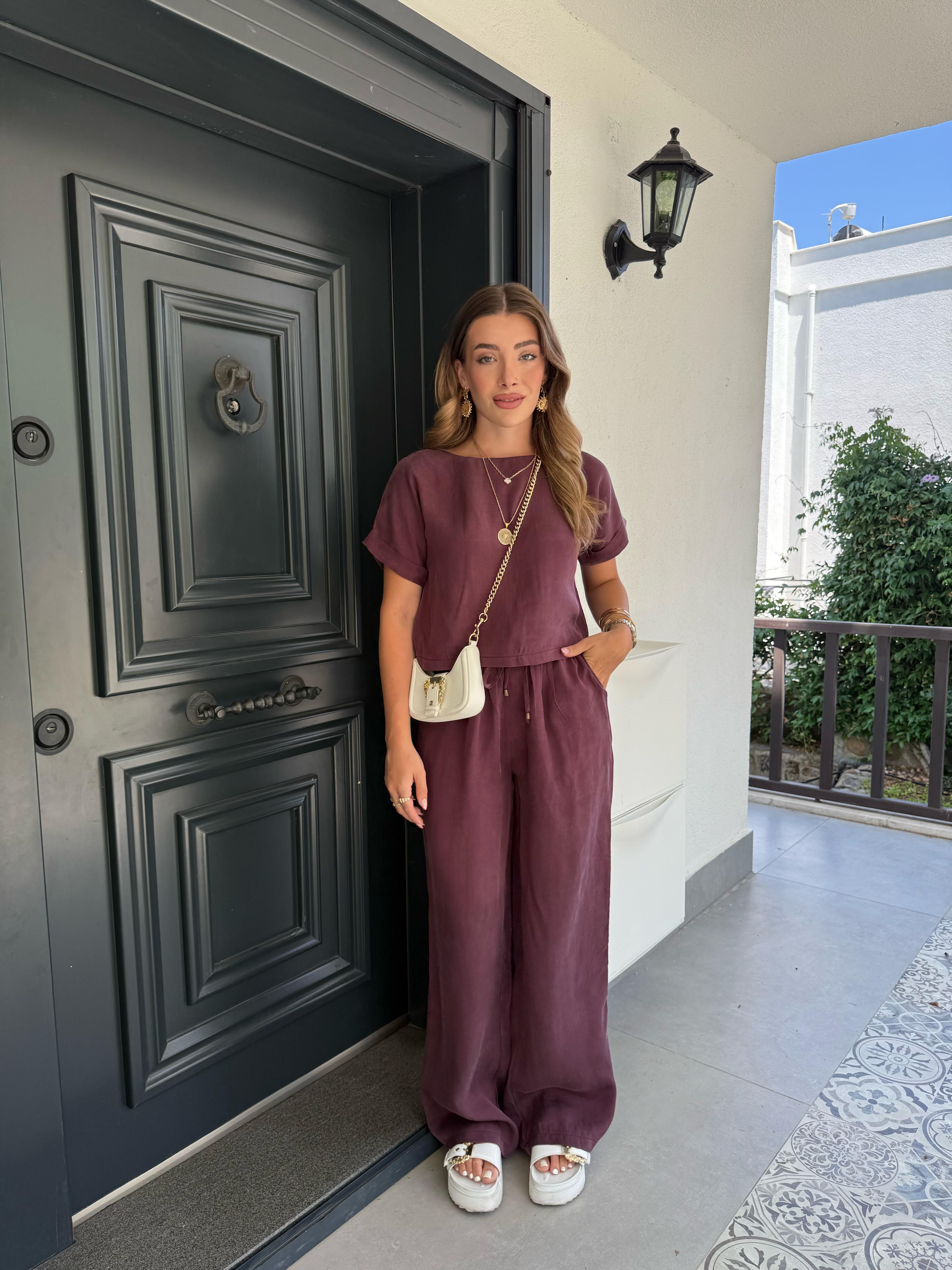 Bordo  Bluz Pantolon Dokulu Takım -51163