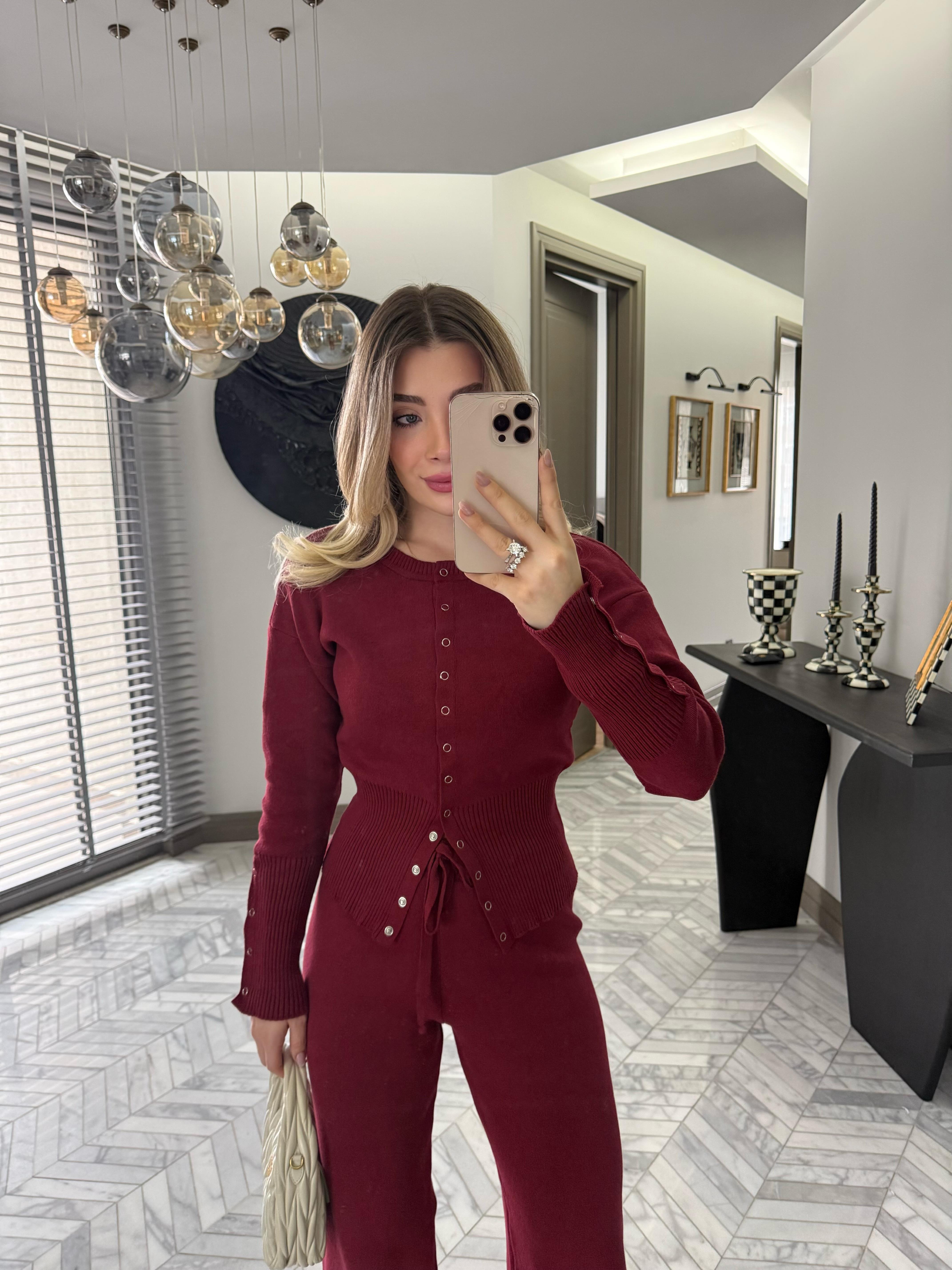 Bordo Çıtçıtlı Bel Oturtmalı İkili Triko Takım