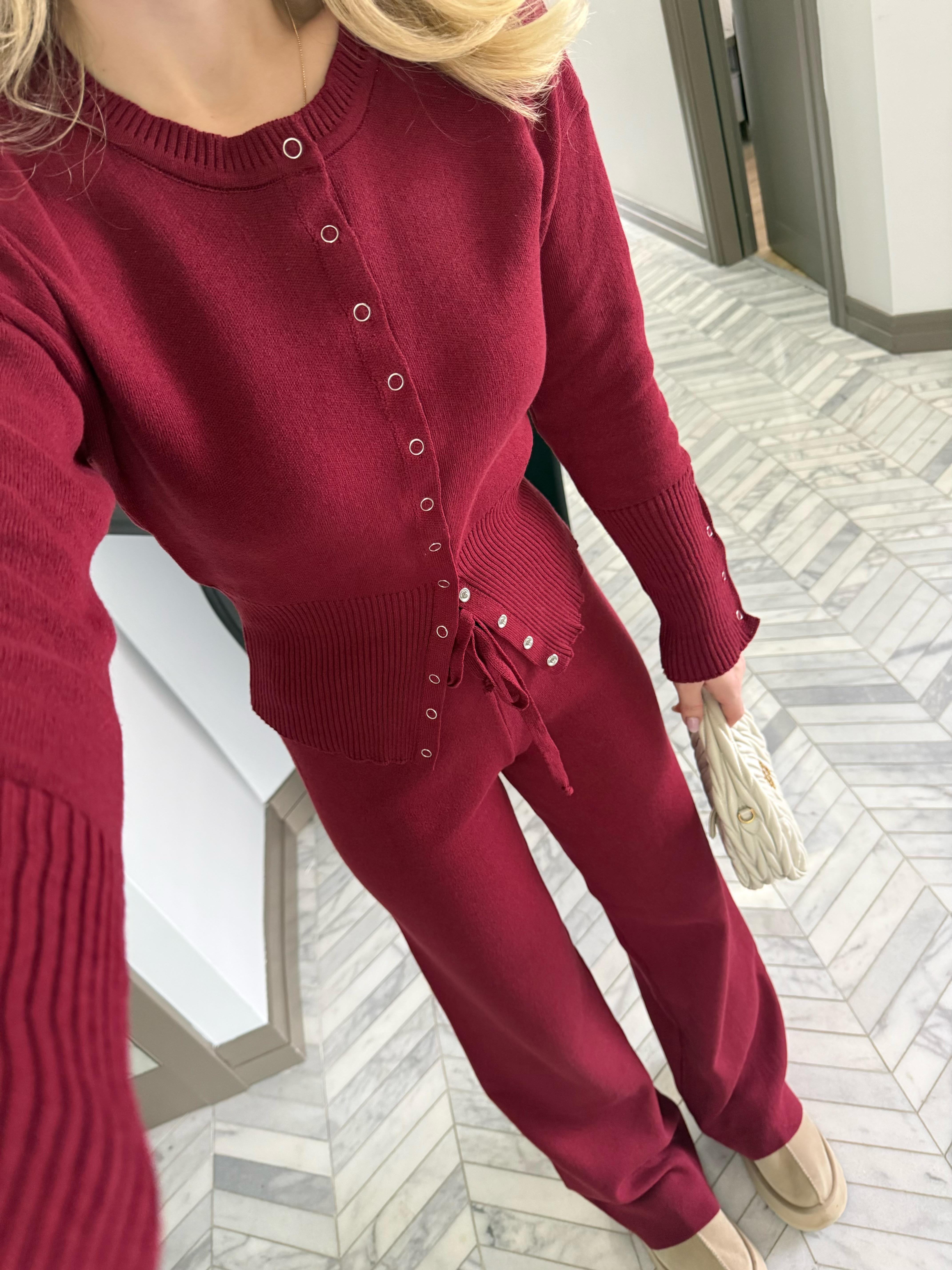 Bordo Çıtçıtlı Bel Oturtmalı İkili Triko Takım