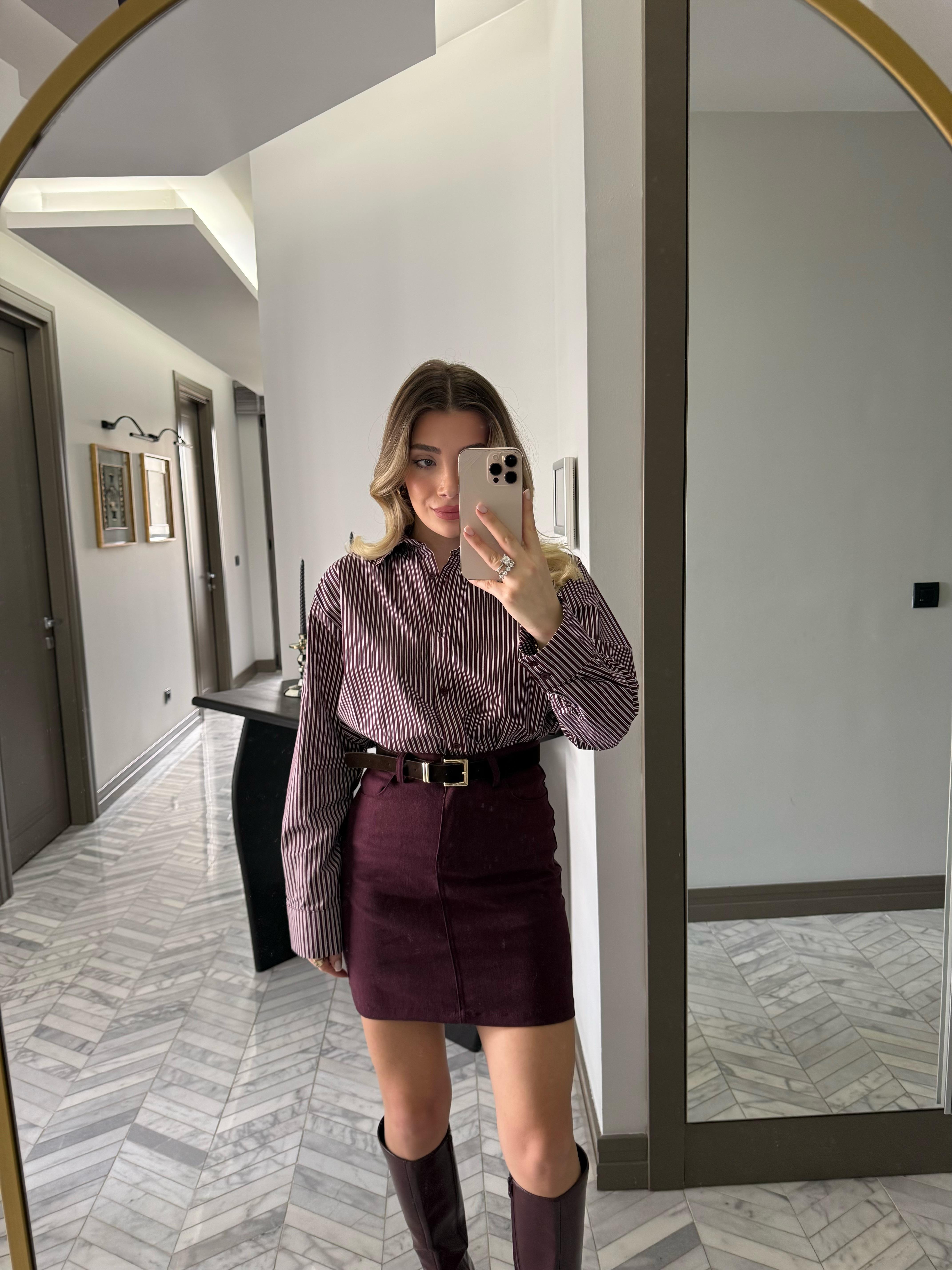 Bordo Çizgili Oversize Gömlek-37116