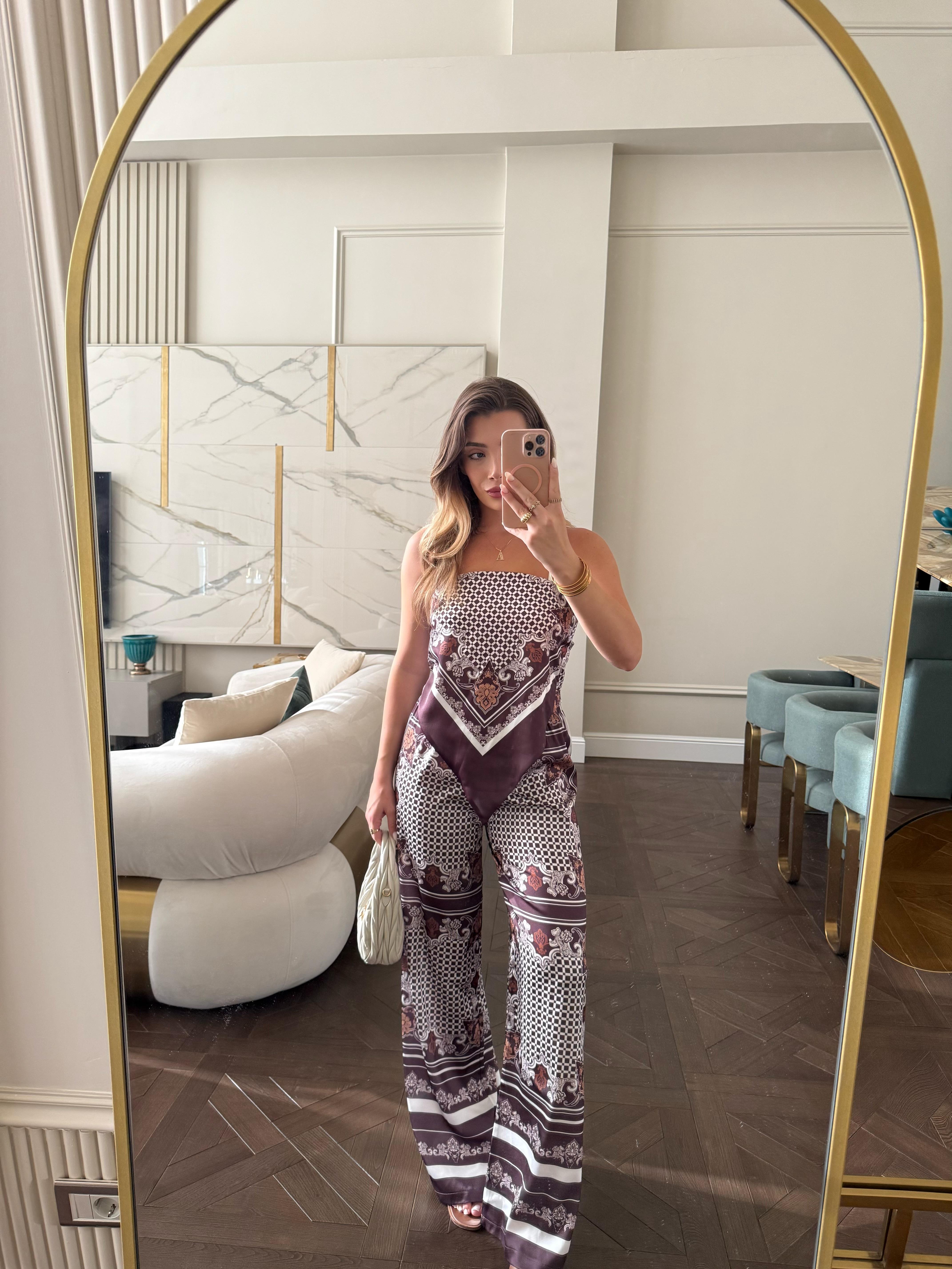 Bordo Desenli Saten Bluz Pantolon İkili Takım
