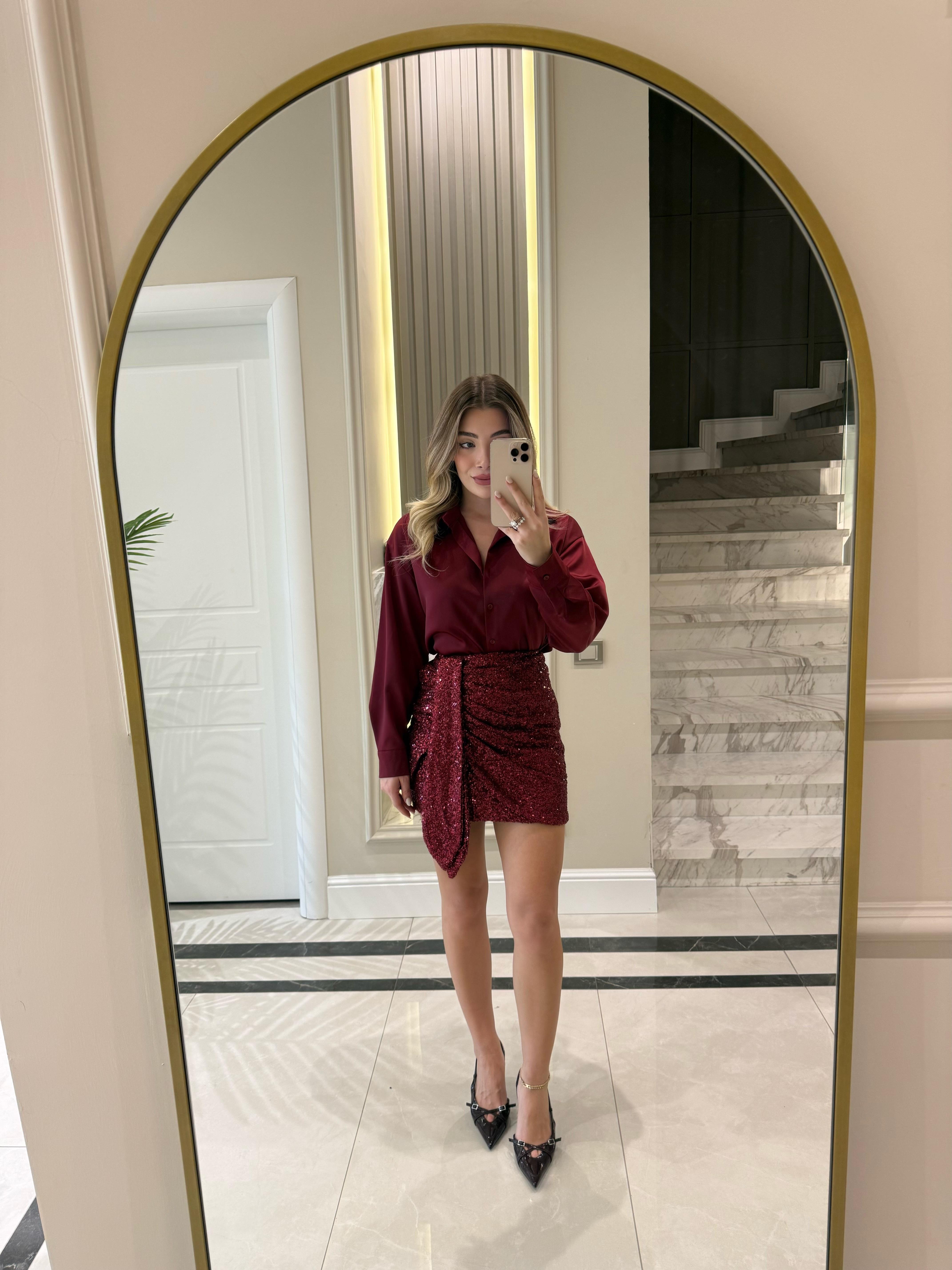 Bordo Detaylı Pul Payet Mini Etek