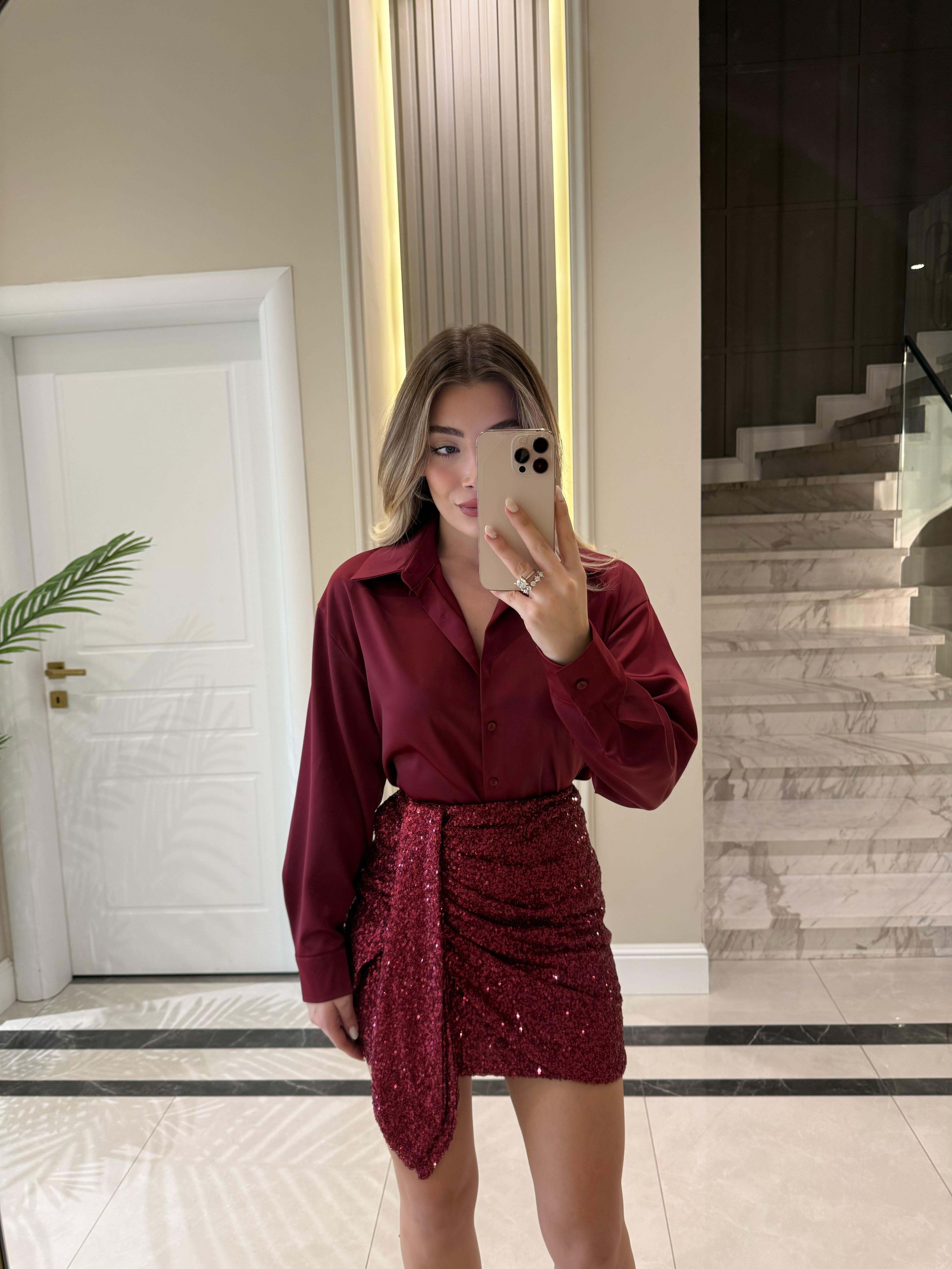 Bordo Detaylı Pul Payet Mini Etek