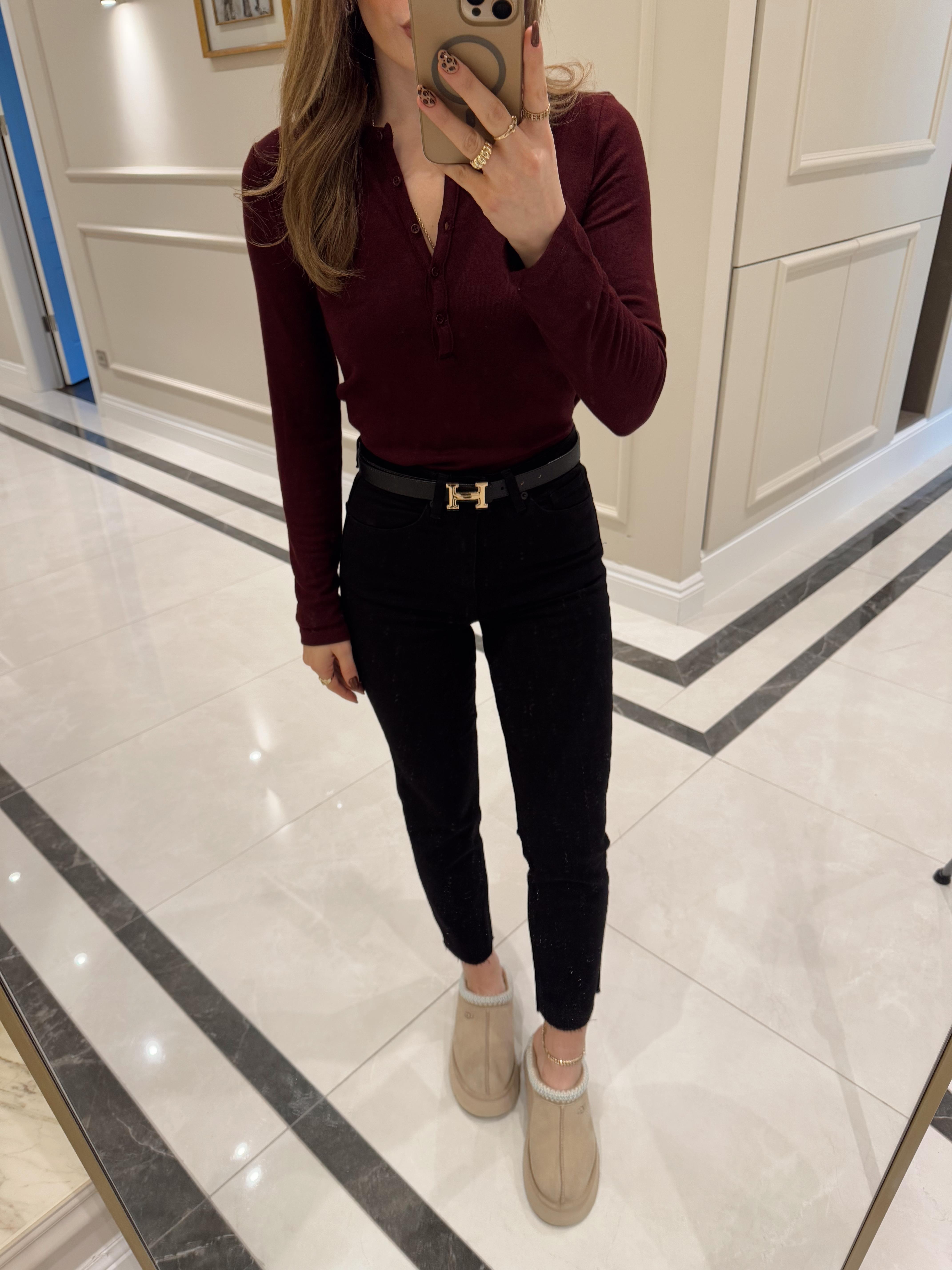 Bordo DLV Düğmeli Uzun Kollu Top