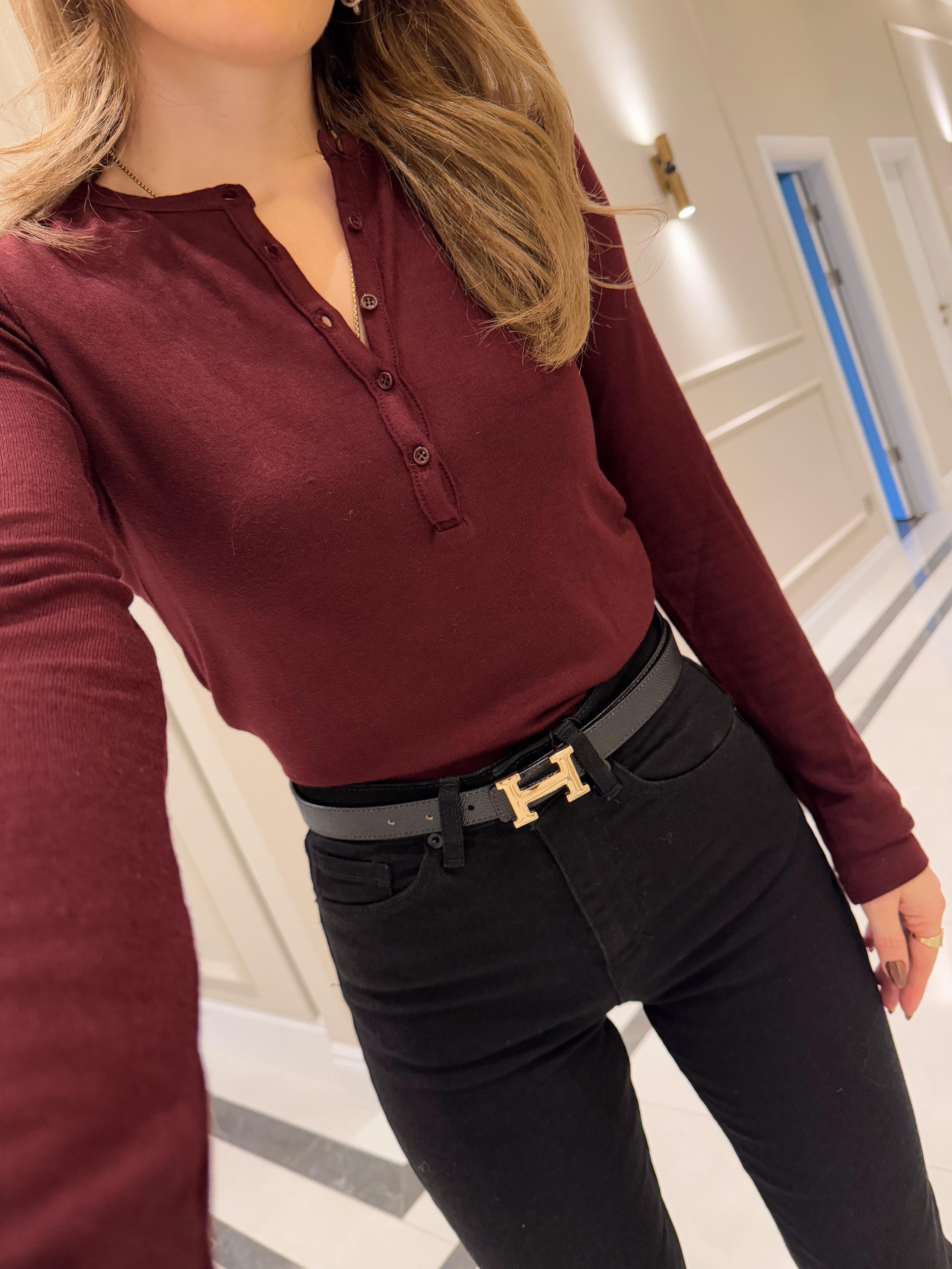 Bordo DLV Düğmeli Uzun Kollu Top