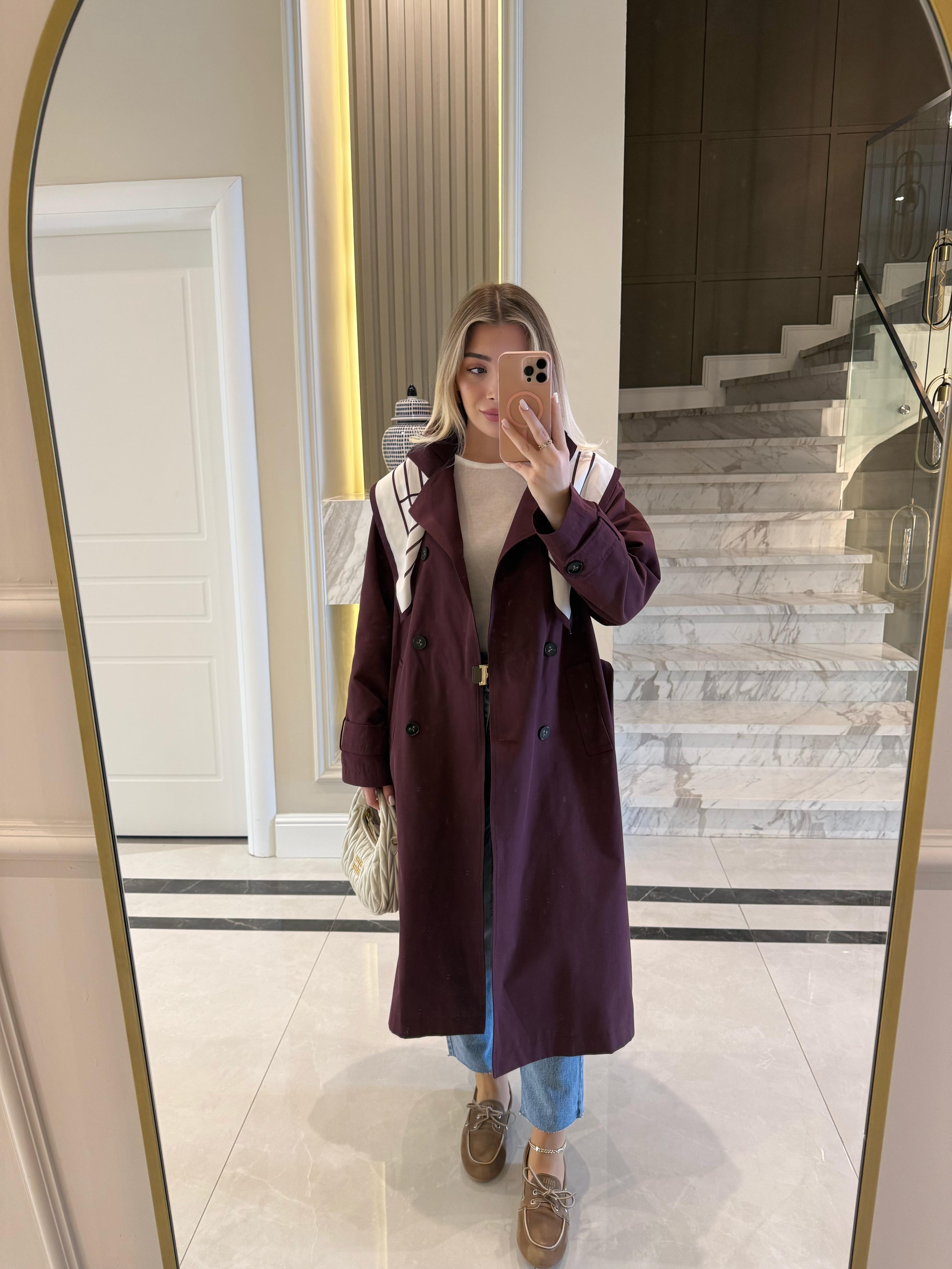 Bordo  Fularlı Uzun Trençkot