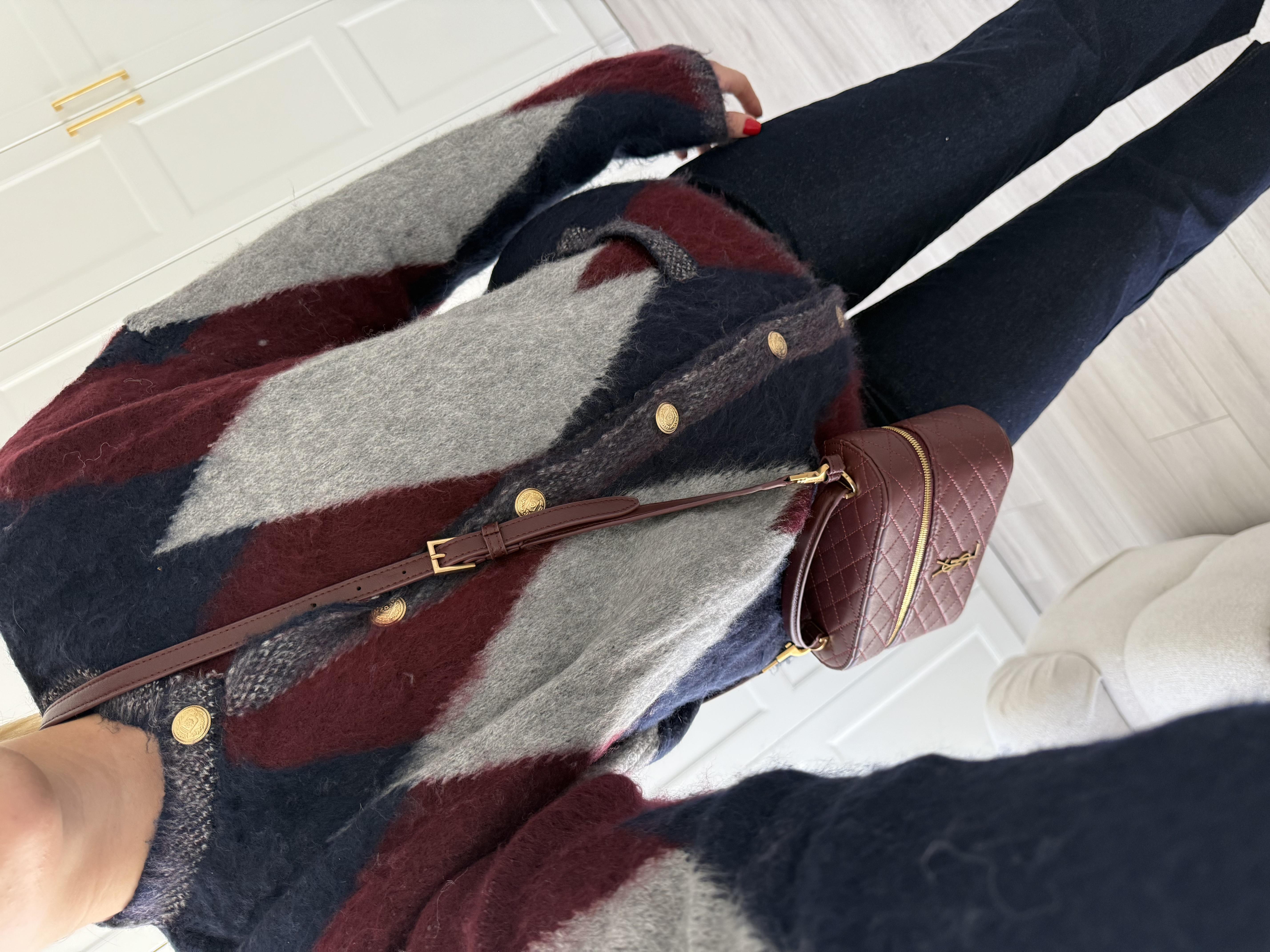 Bordo-Gri Şardonlu Baklava Desenli Hırka- 1124