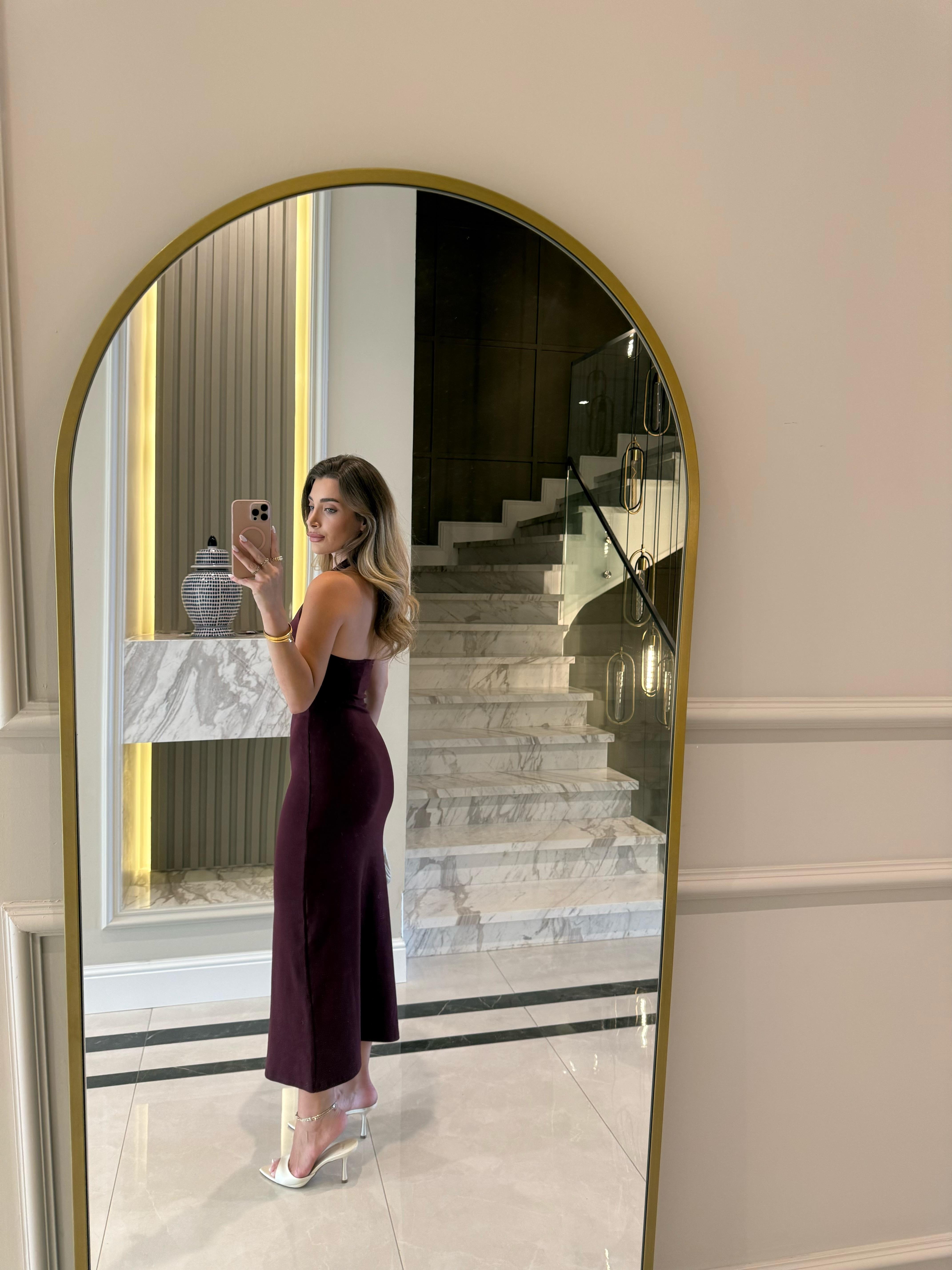 Bordo Halter Yaka Midi Elbise-91476