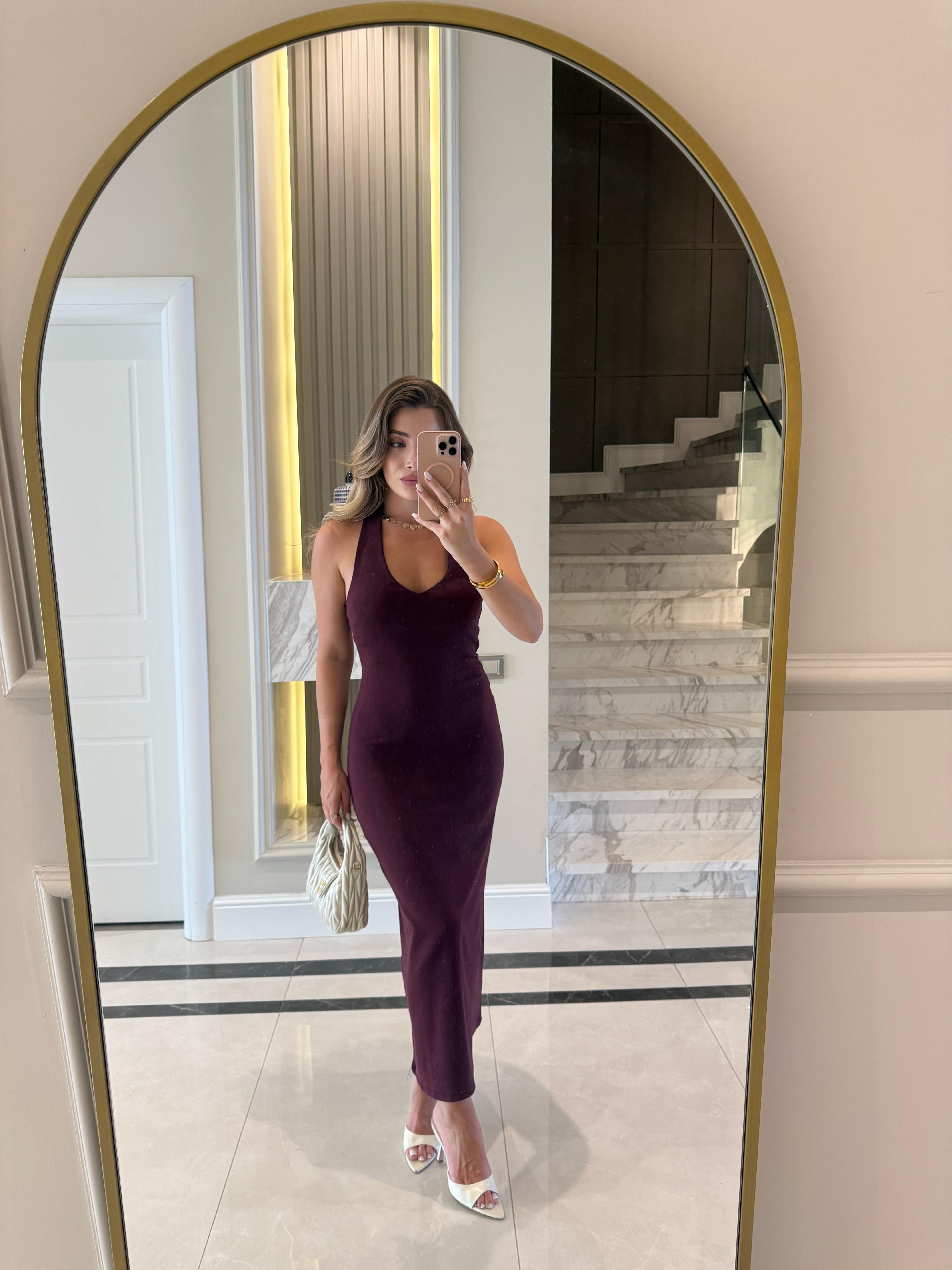 Bordo Halter Yaka Midi Elbise-91476