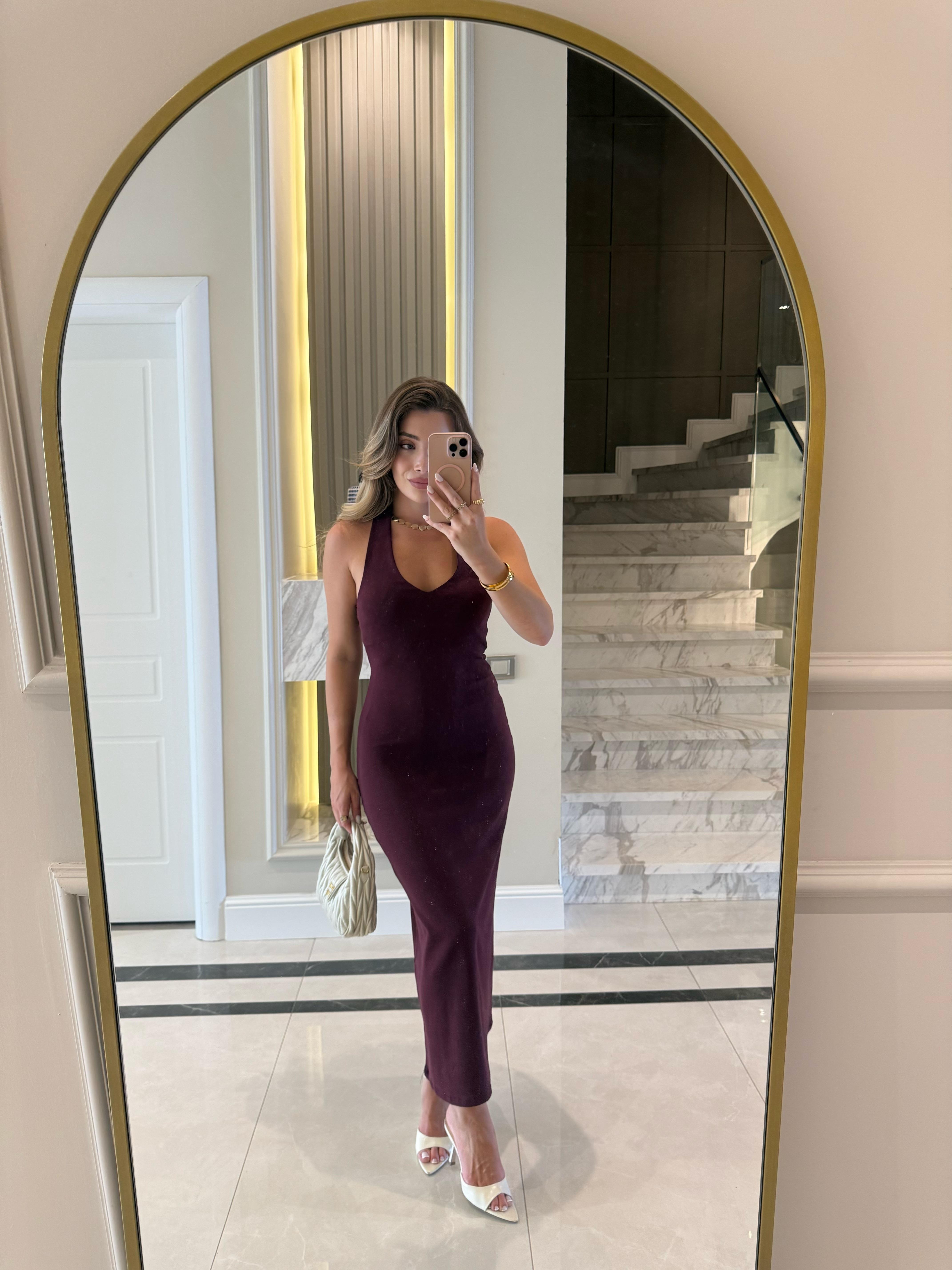 Bordo Halter Yaka Midi Elbise-91476