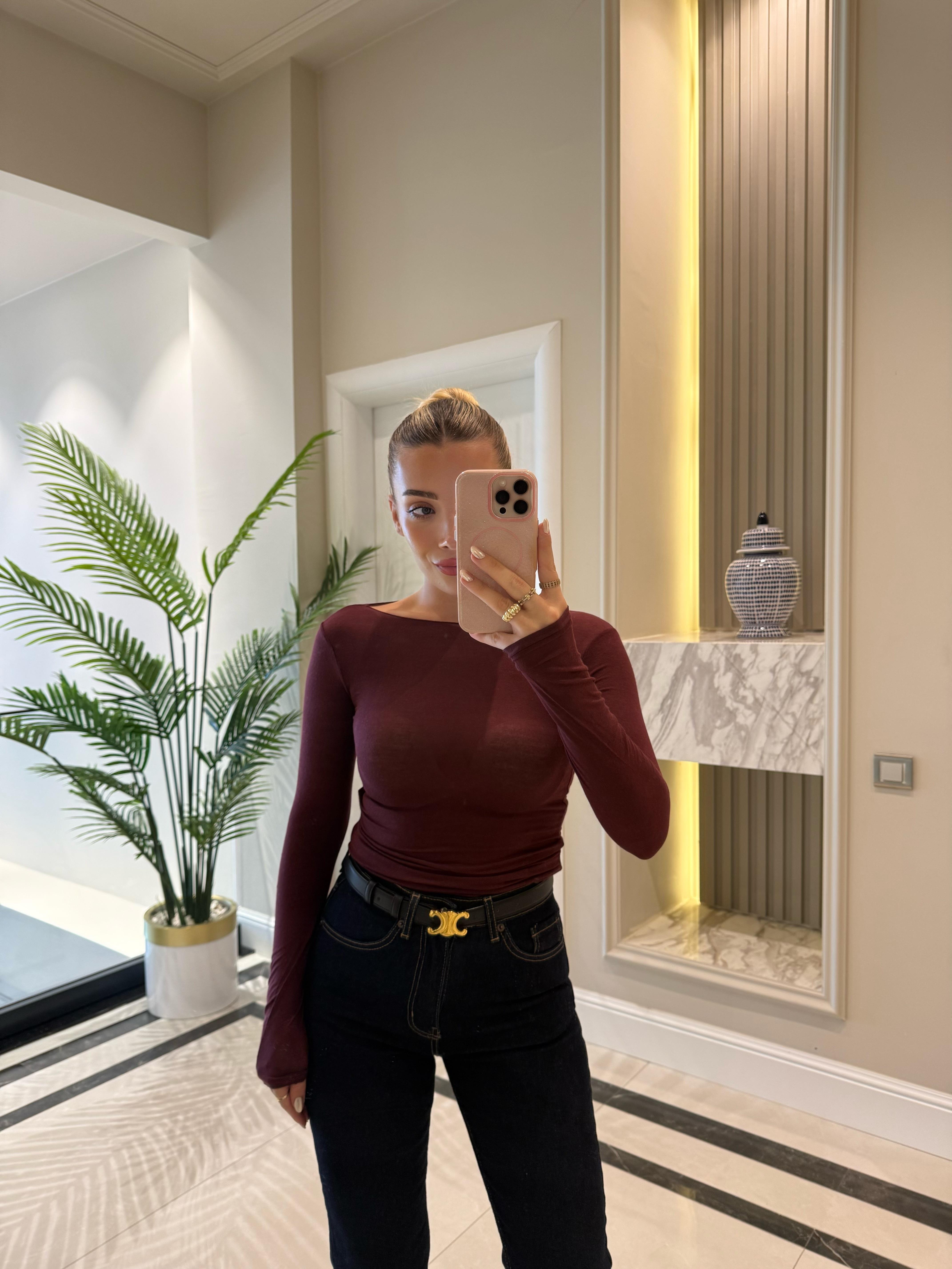 Bordo Kayık Yaka Modal Kaşmir Ultra Hafif Bluz-32122