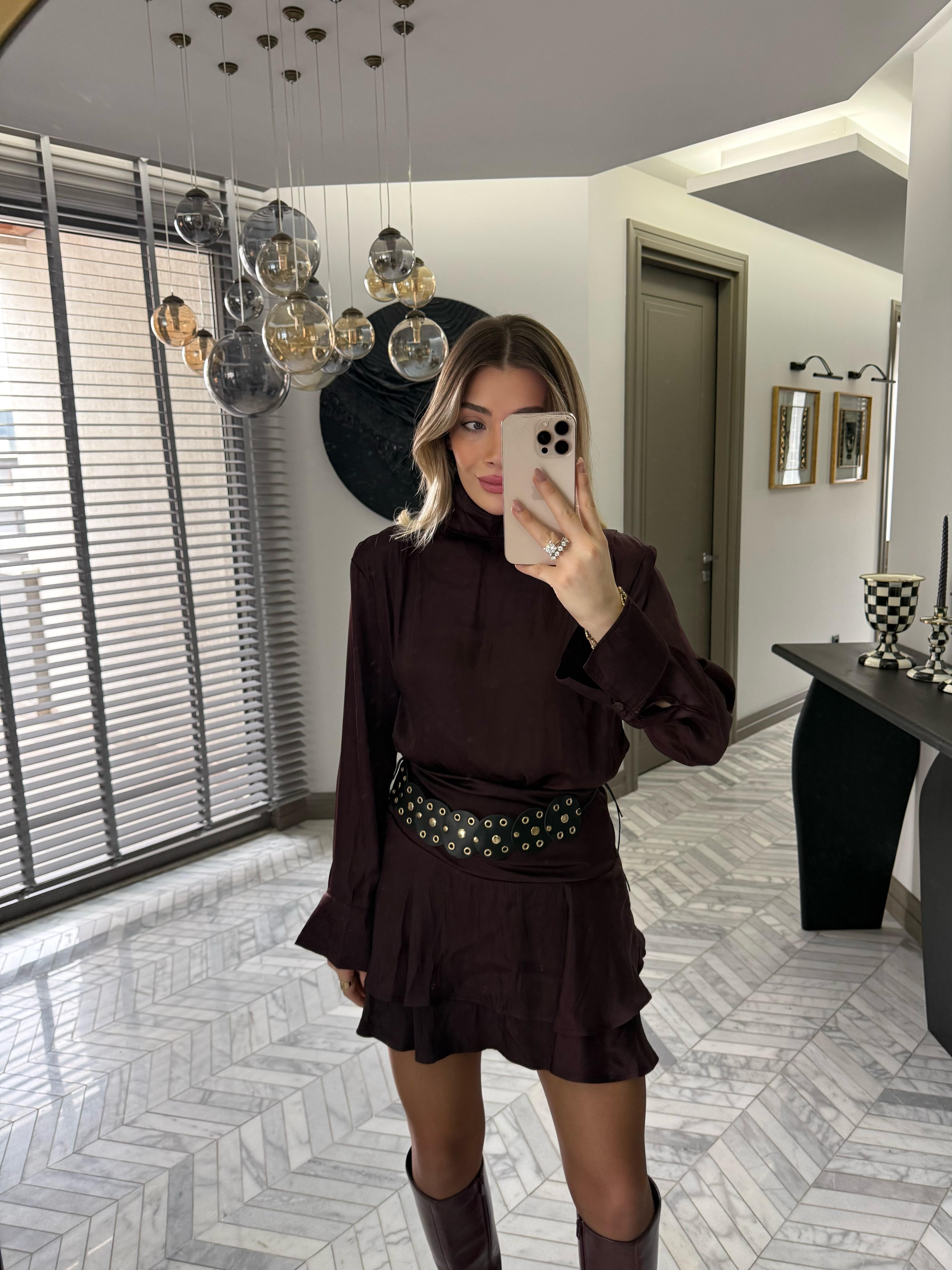 Bordo Kemerli Vatkalı Saten İkili Takım